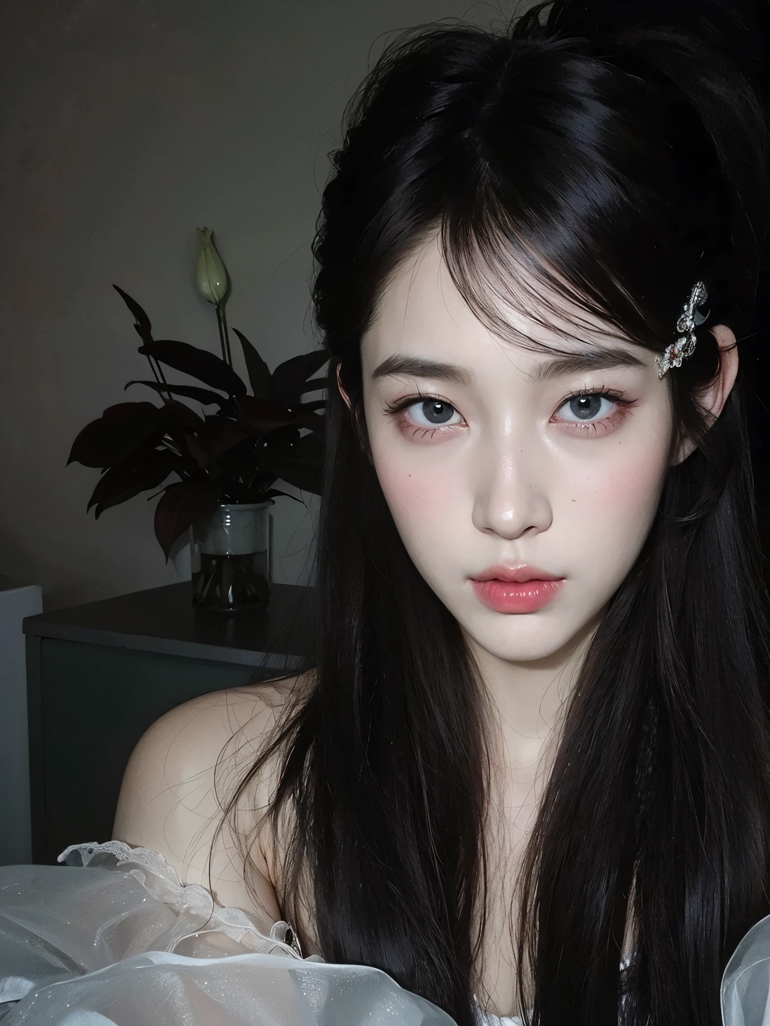 there is a woman with long black hair and a white dress, Ulzzang, pale porcelain white skin, cruel korean goth girl, maquiagem sul-coreana popular, pale round face, pale, snow-white skin, korean symmetrical face, adorable and pale korean face, pale milky white porcelain skin, pale white face, linda mulher sul-coreana, maquiagem coreana popular, young lovely korean face
