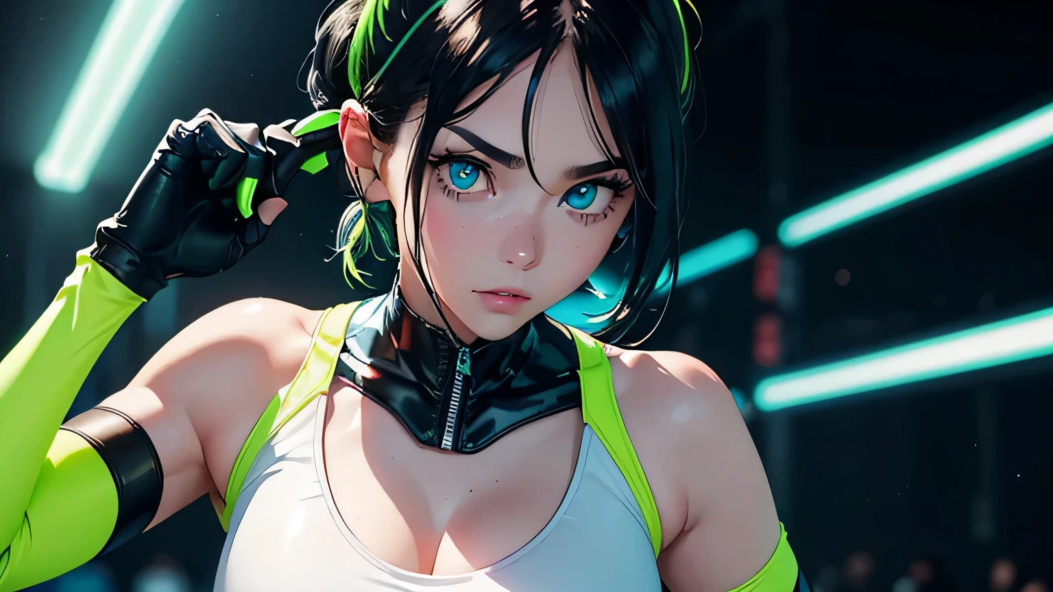 4K, A high resolution, Best quality at best, masterpiece, perfect colors, perfect shadow, perfect litthing, ((sportrait)), 1woman, fit body, heterochromia eyes,dark blue hair , blue eyes, With round lenses, The audience watched carefully, (s face: 1.2), Perfect female figure, ((dynamic pose)), ((neon green Tight crop top neon green leather suit)), ((shy and looking at viewert)), (Perfect thick white eyebrows) Delicate fur, 详细s face, s the perfect face, , (dynamic pose), cyberpunk abstract background, ((Bonifasko lighting)), (The round lenses on his eyes)(詳細な目), Perfect student, ((face close up))