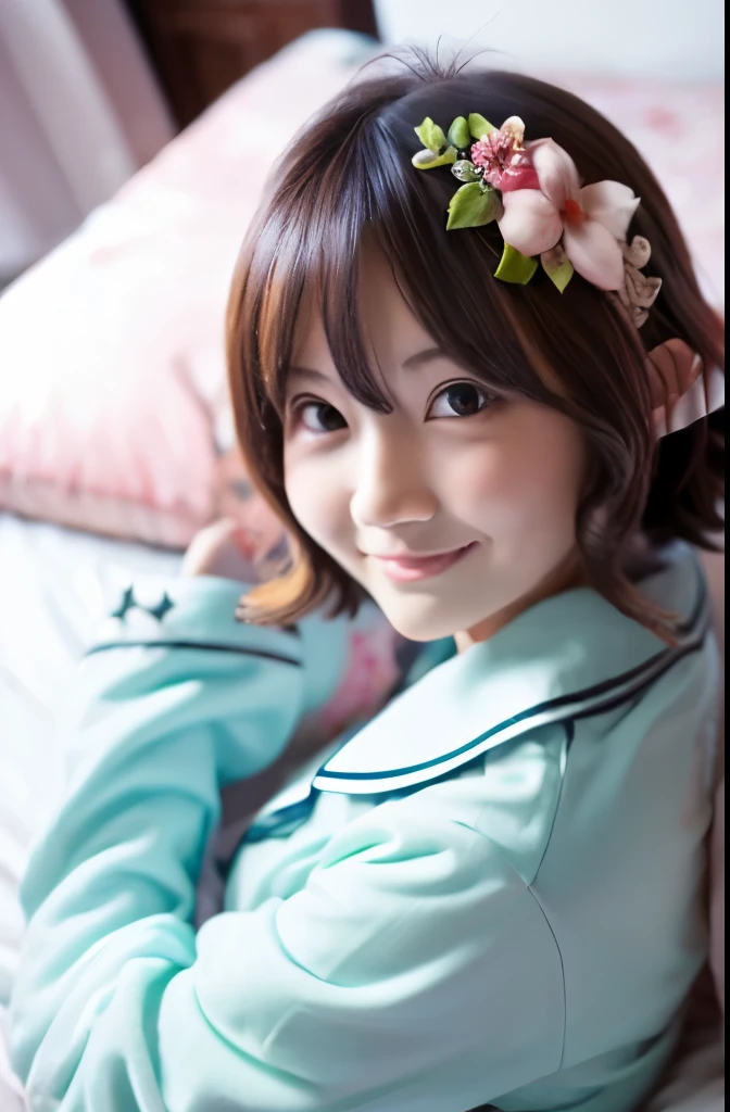 ((masterpiece)), ((best quality)), (ultra-detailed), anime style, on the bed, a cute girl, 1girl, solo, pajama00, smile