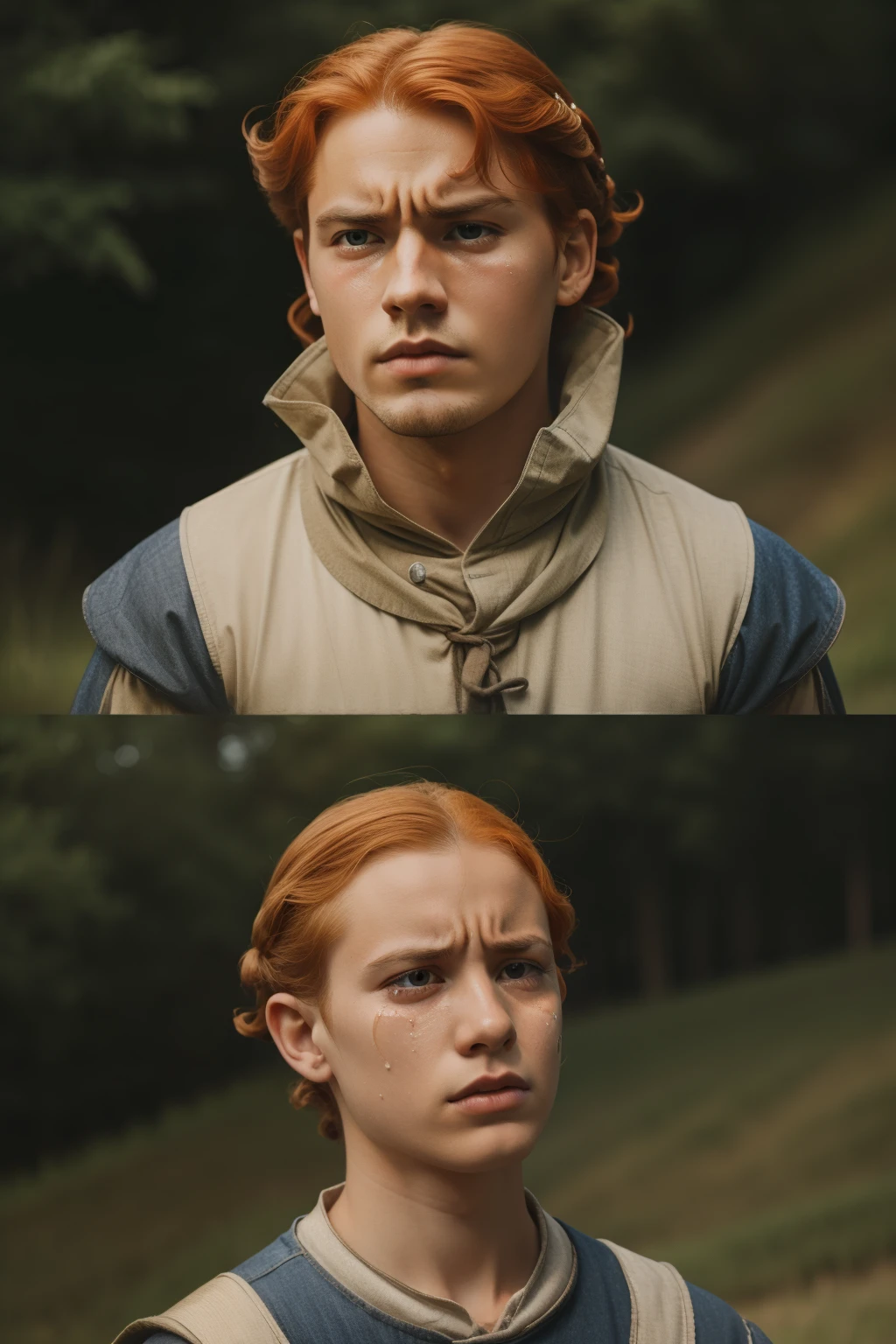 England, 1337. A young ((((16-year-old)) Wulfric)), farmer, strong, angular features, serious, kind, staring at a tragic disaster in ((shock and horror expression)), ((crying big tears)). ((((clothings from the 1300s)))), ((ginger hairstyle of the 1300s))