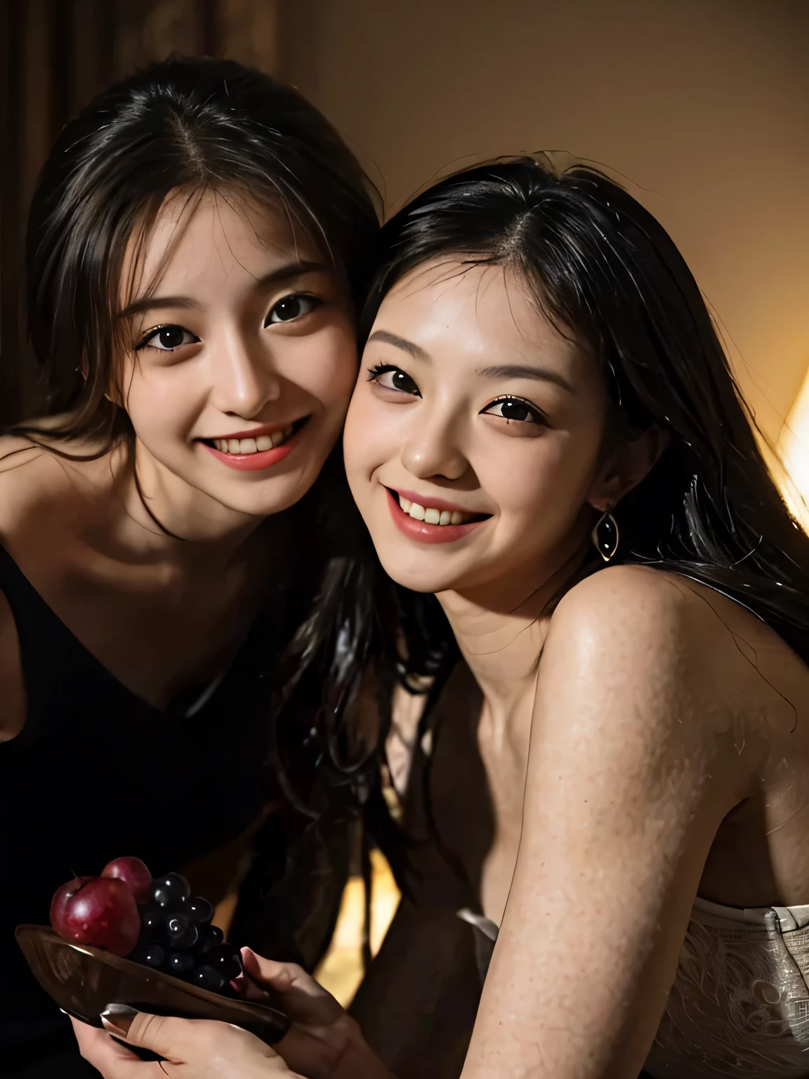 fruits,Grapes,Rosa,antique,A smile,,Sweet and seductive appearance.、Caravaggio's paintings、Chiaroscuro of Caravaggio,Two women frolicking,Cute smile, Expression of ecstasy