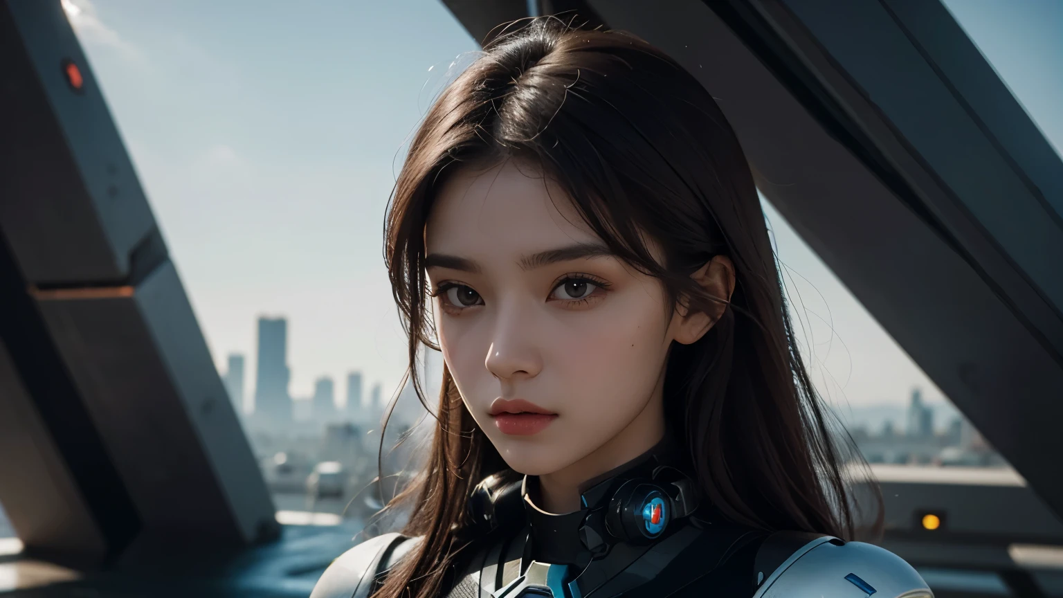 Upper body close-up image. A very beautiful woman dressed in a futuristic outfit. Dark brown hair. Twenty years old. A sophisticated futuristic city exists in the space behind her