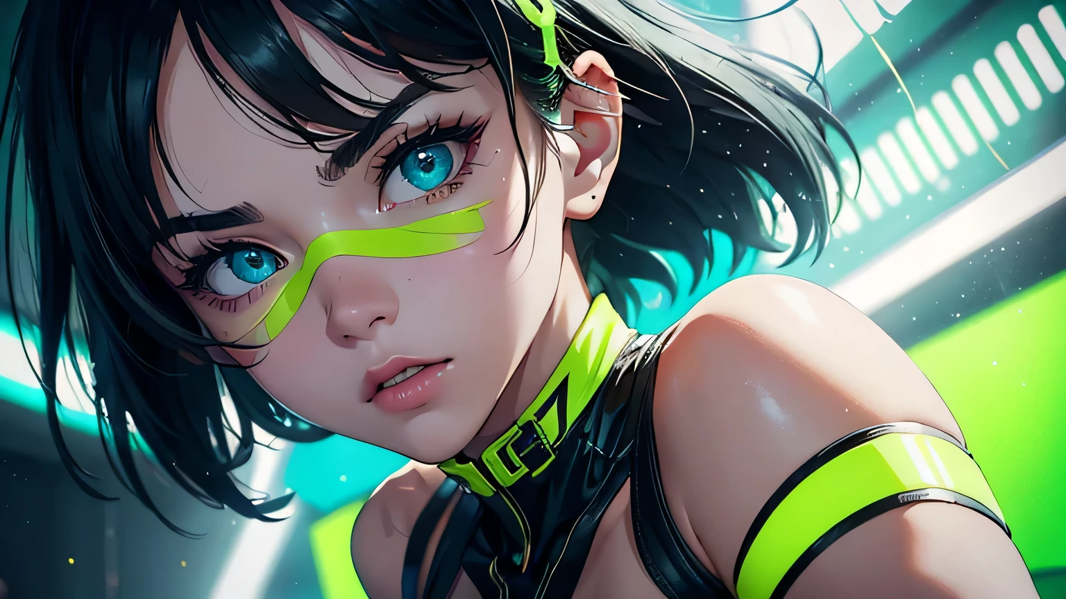 4K, A high resolution, Best quality at best, masterpiece, perfect colors, perfect shadow, perfect litthing, ((sportrait)), 1woman, fit body, heterochromia eyes,dark blue hair , blue eyes, With round lenses, The audience watched carefully, (s face: 1.2), Perfect female figure, ((dynamic pose)), ((neon green Tight crop top, half breast, neon green leather suit)), ((shy and looking at viewert)), (Perfect thick white eyebrows) Delicate fur, 详细s face, s the perfect face, , (dynamic pose), cyberpunk abstract background, ((Bonifasko lighting)), (The round lenses on his eyes)(詳細な目), Perfect student, ((face close up))