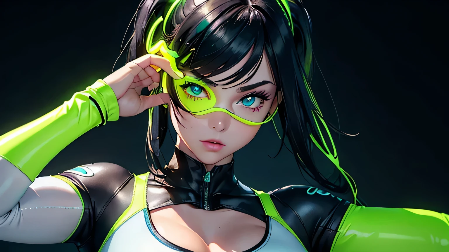 4K, A high resolution, Best quality at best, masterpiece, perfect colors, perfect shadow, perfect litthing, ((sportrait)), 1woman, fit body, heterochromia eyes,dark blue hair , blue eyes, With round lenses, The audience watched carefully, (s face: 1.2), Perfect female figure, ((dynamic pose)), ((neon green Tight crop top neon green leather suit)), ((shy and looking at viewert)), (Perfect thick white eyebrows) Delicate fur, 详细s face, s the perfect face, , (dynamic pose), cyberpunk abstract background, ((Bonifasko lighting)), (The round lenses on his eyes)(詳細な目), Perfect student, ((face close up))