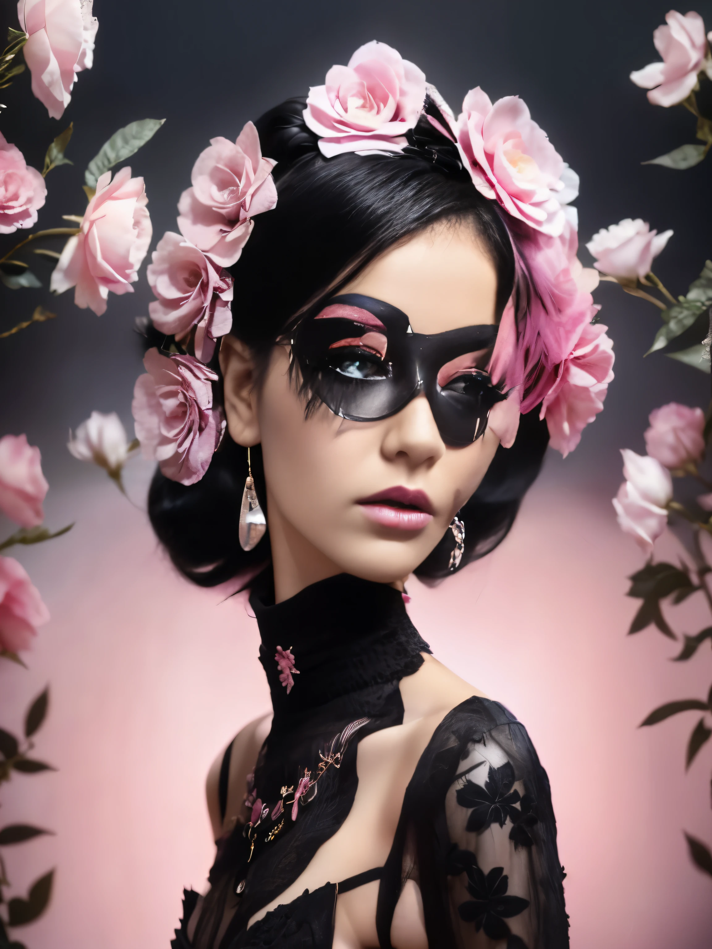 Arafed woman with black and pink makeup and flowers in her hair, cyberpunk cyborg. roses, Natalie Shaw, Natalie Shaw tom bagshaw,  Early, Kind cyborg girl with flowers, Based on Hedy Xandt, Floral Punk Elysian Maid, beautiful portrait in fantasy style, beautiful fantasy portrait, beautiful gorgeous digital art, black roses in hair