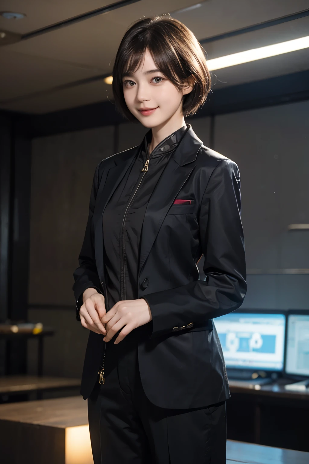 162
Shorthair, (a 20 yo woman, standing), A hyper-realistic, gentle smile, sci-fi cool suit, (口紅)