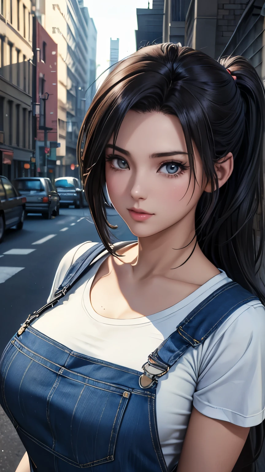 pho3b3cat3s photo, Beautiful woman, ((24-years-old)), street, T-shirt, denim overalls, 1980s, retro, long wavy black ponytail, (masterpiece), (Highly detailed CG Unity 8K wallpaper), Complex, ((realistic)),