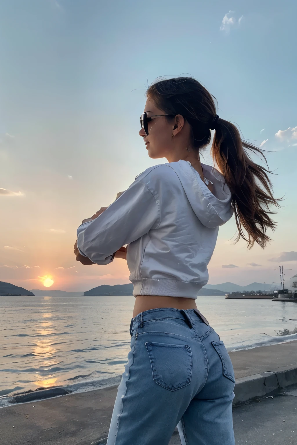 As the sun sets over the Bosfor Βόσπορος, a young Distance from view, Back view, A young ((Stylish happy girl age 18-25 wearing boyfriend jeans)) with sunglasses ((white sneakers bright)) ((white sweatshirt)) ((white jeans)) takes a pause to relax before engaging in sexual activity. Her silhouette is outlined against the vibrant sky, a moment of peace and reflection in the midst of the action. ((sexy doggy-style position))