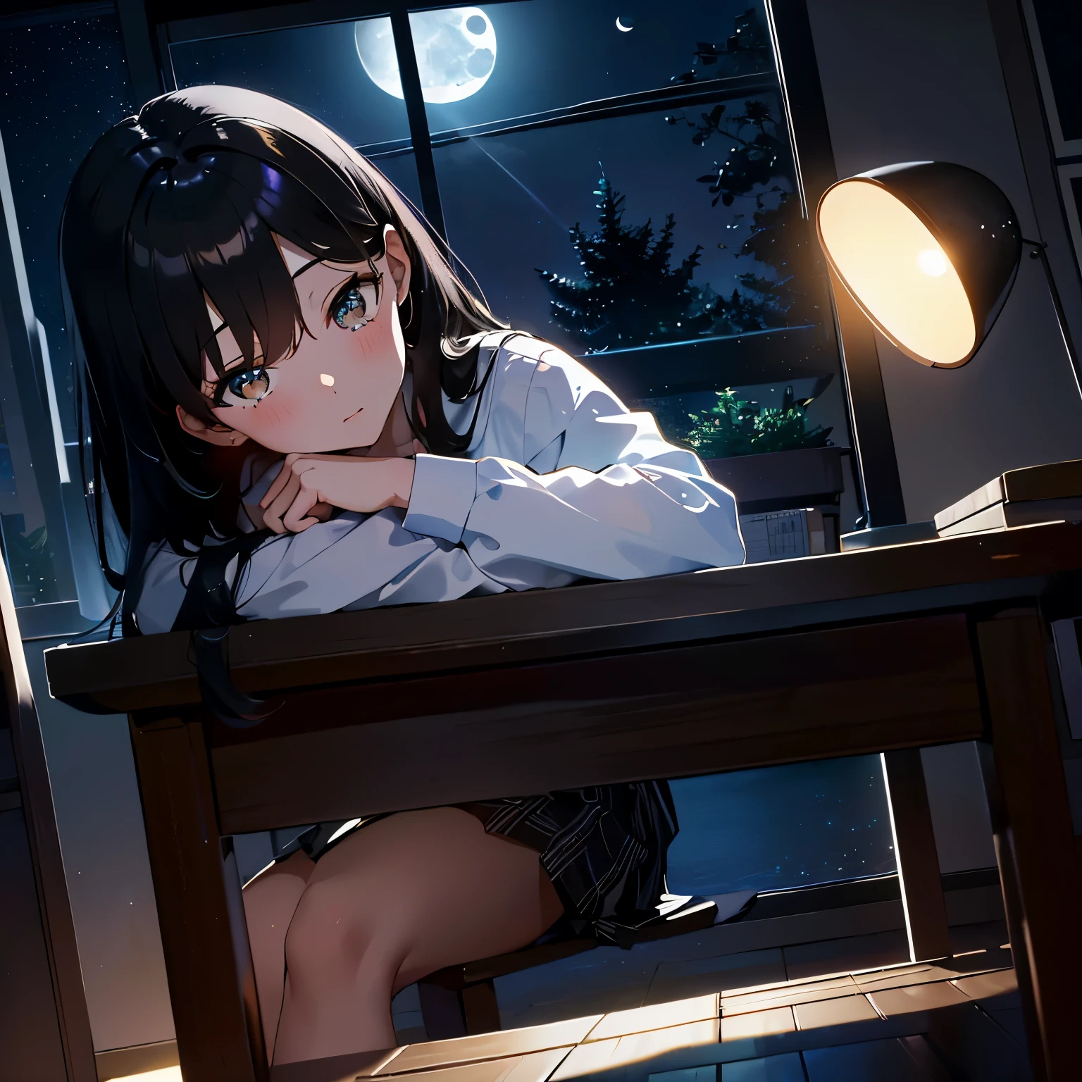 (masterpiece, best quality), ((1 girl, () long black hair，sitting at desk，（Desk lamp glows），（），（time：late night）（The girl was lying on the table）（The moonlight is bright outside）