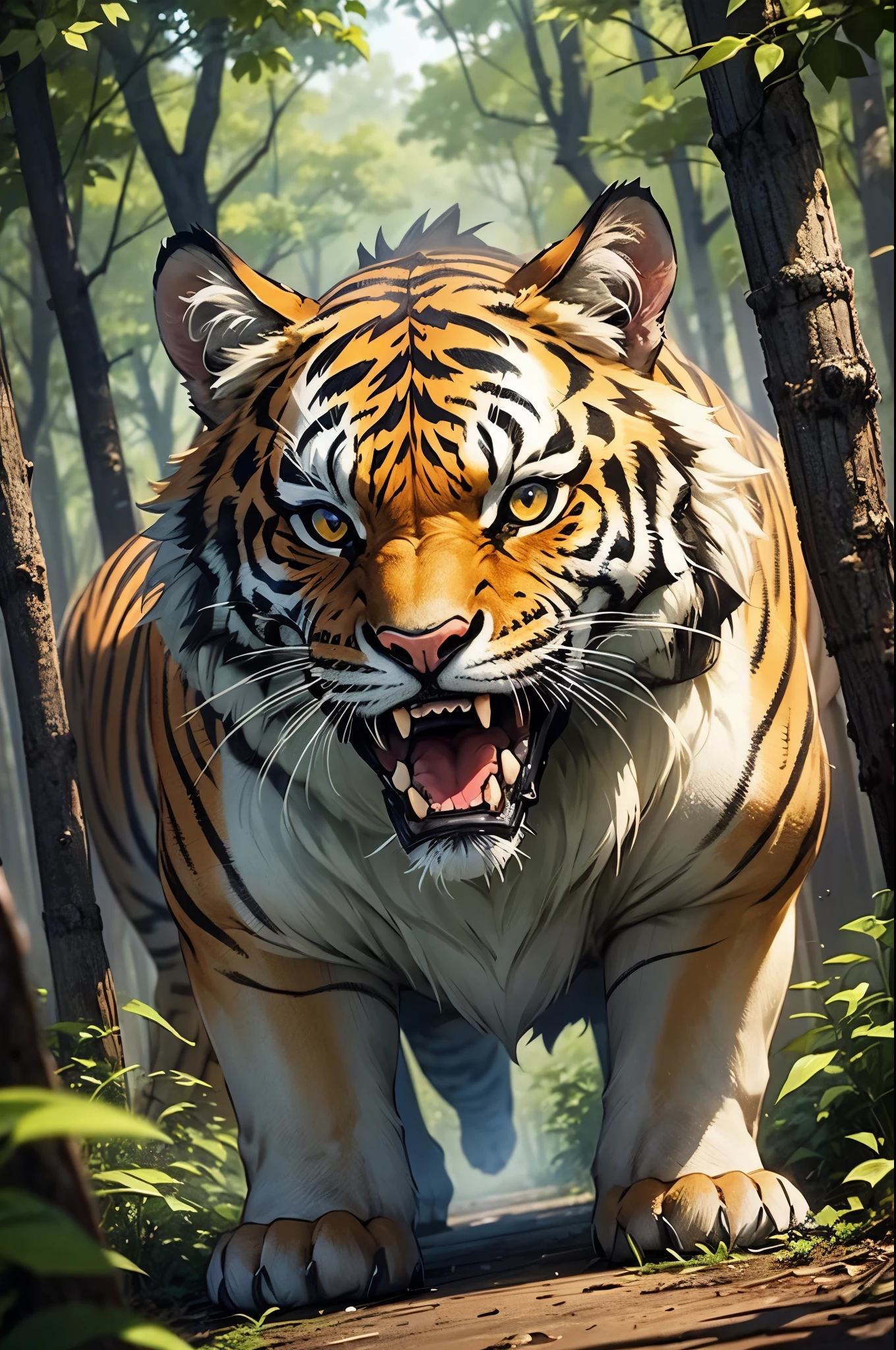 A bengal tiger in a forest, with dark yellow eyes, while roaring,