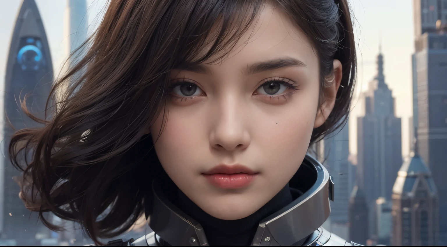 Upper body close-up image. A very beautiful woman dressed in a futuristic outfit. Dark brown hair. Twenty years old. A sophisticated futuristic city exists in the space behind her