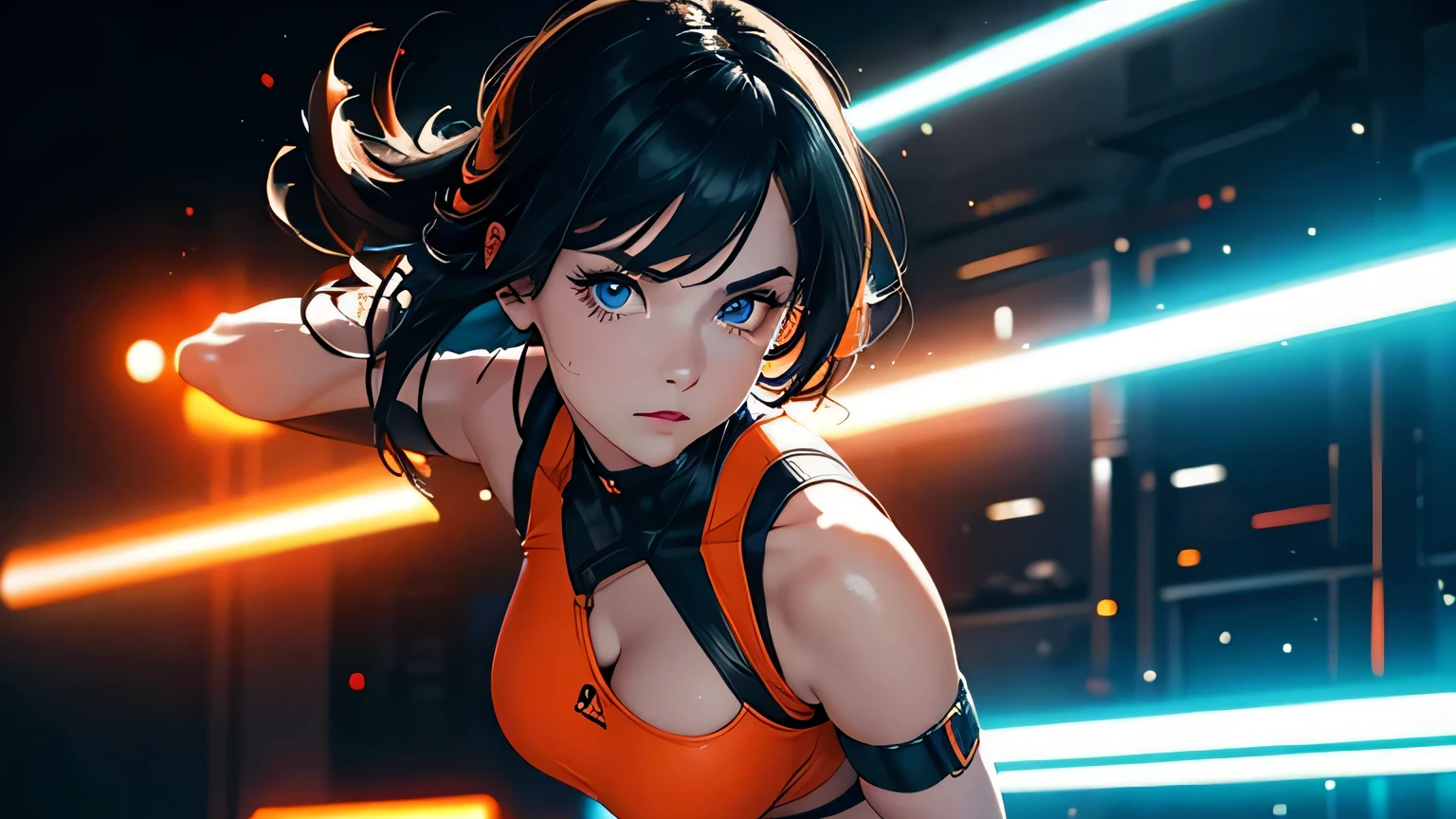 4K, A high resolution, Best quality at best, masterpiece, perfect colors, perfect shadow, perfect litthing, ((sportrait)), 1woman, fit body, heterochromia eyes,dark blue hair , blue eyes, With round lenses, The audience watched carefully, (s face: 1.2), Perfect female figure, ((dynamic pose)), ((neon orange Tight crop top, half breast open, neon orange leather suit)), ((shy and looking at viewert)), (Perfect thick white eyebrows) Delicate fur, 详细s face, s the perfect face, , (dynamic pose), cyberpunk abstract background, ((Bonifasko lighting)), (The round lenses on his eyes)(詳細な目), Perfect student, ((face close up))