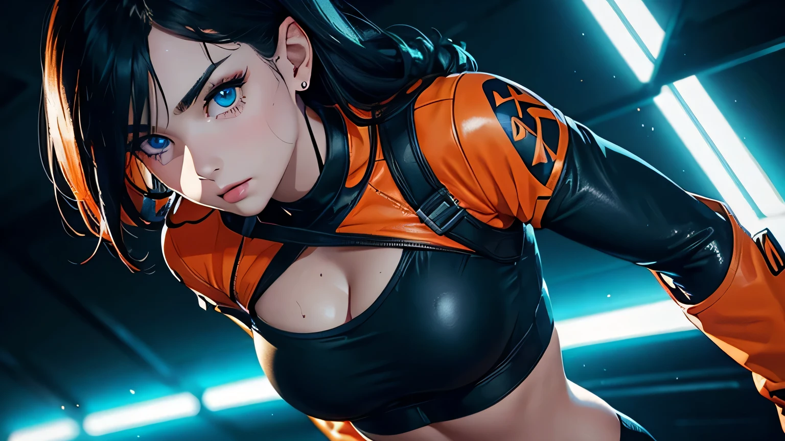 ((best quality)), ((masterpiece)), (detailed), perfect face, ((best quality)), ((masterpiece)), (detailed), perfect face, Big tits, asian girl, dragonball style, beatyful face, energie aura around a girl, goku, dragon ball, ((black and white leather clothes)),( (power)), energie, super powered, ((stocking)), ((she throws lightning energieball)), looking ahead ,((stocking)), ((orange mask)), ((volt energie around the girl)), ((more boobs)), ((sexy)), more fire, ((more dragon balls)), (lightning), black hair