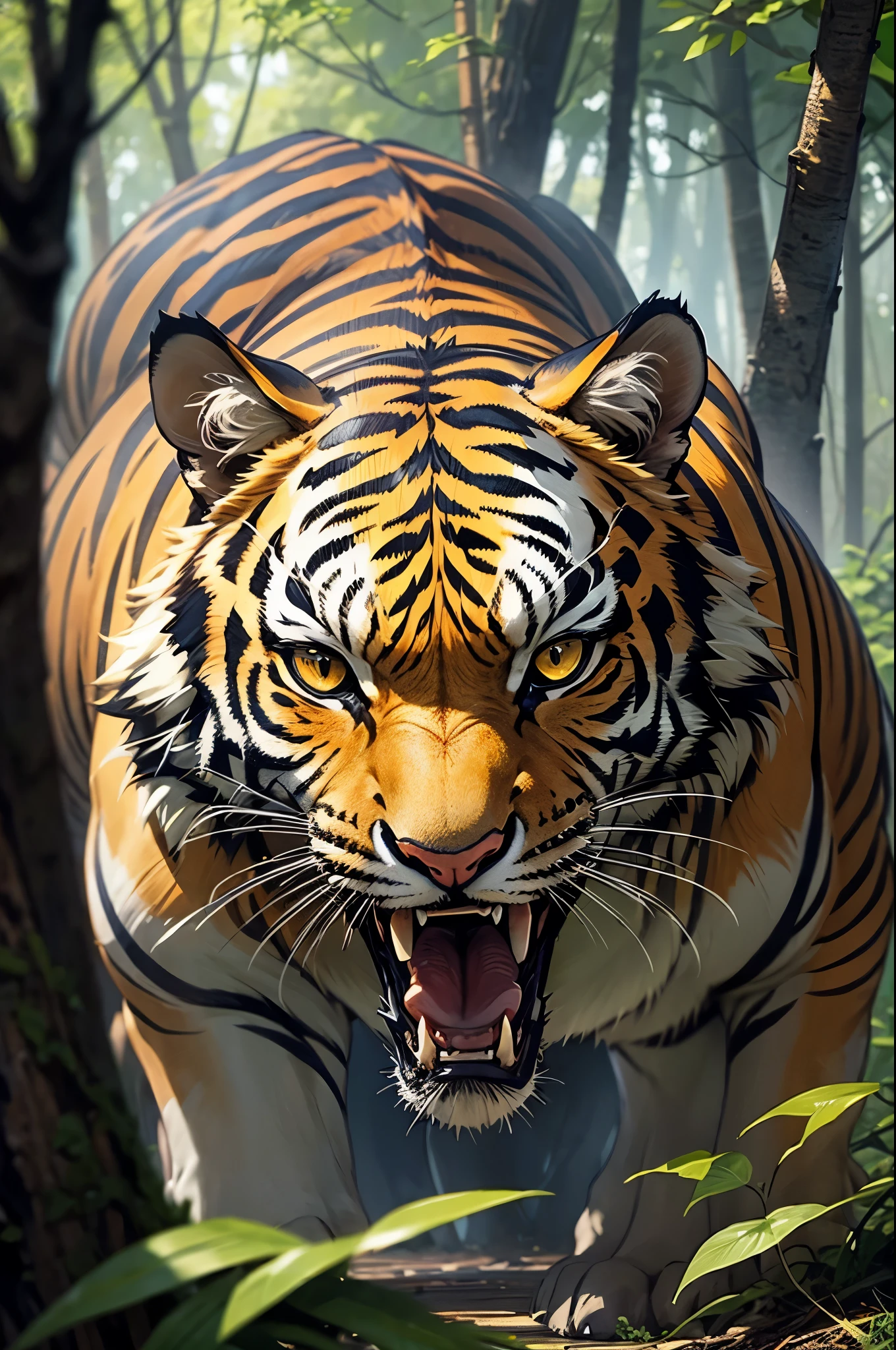 A bengal tiger in a forest, with dark yellow eyes, while roaring,