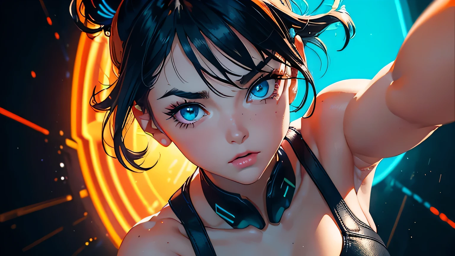 4K, A high resolution, Best quality at best, masterpiece, perfect colors, perfect shadow, perfect litthing, ((sportrait)), 1woman, fit body, heterochromia eyes,dark blue hair , blue eyes, With round lenses, The audience watched carefully, (s face: 1.2), Perfect female figure, ((dynamic pose)), ((neon orange Tight crop top, half breast open, neon orange leather suit)), ((shy and looking at viewert)), (Perfect thick white eyebrows) Delicate fur, 详细s face, s the perfect face, , (dynamic pose), cyberpunk colorful abstract background, ((Bonifasko lighting)), (The round lenses on his eyes)(詳細な目), Perfect student, ((face close up))