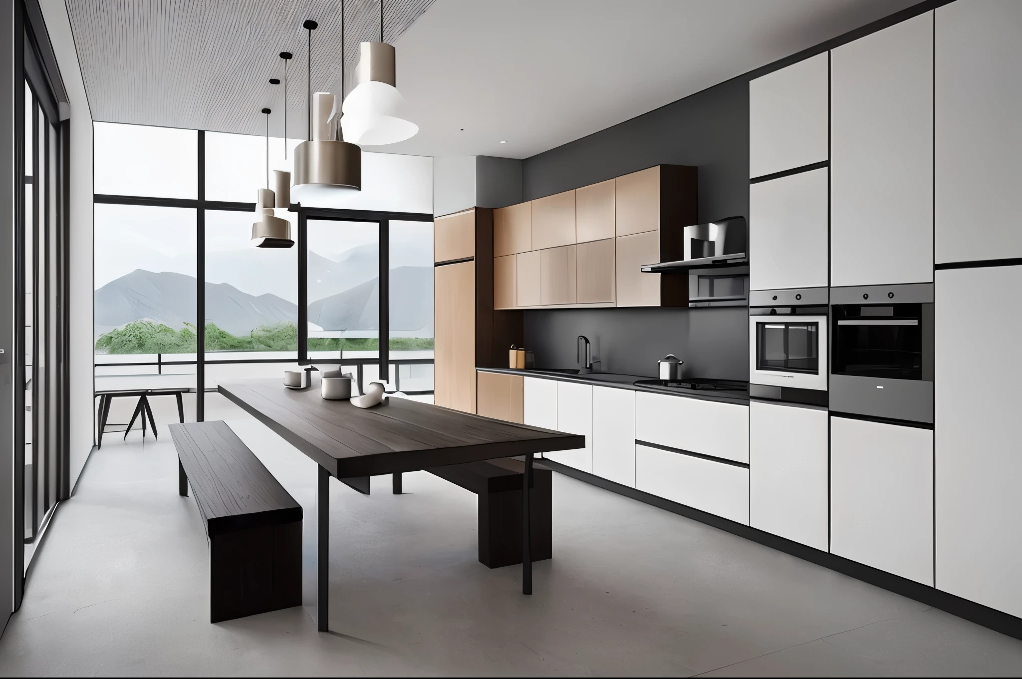 There is a kitchen，There is a table and a bench inside, minimal kitchen, Luxury custom kitchen design, simple clean lines, elegant minimalism, minimally modern, Modern and simple, Award-winning rendering, Modern and simple, Rendering in vray, rendervray, Modern and simple f 2 0 clean, Modern and simple f 2 0, V-ray, V-ray