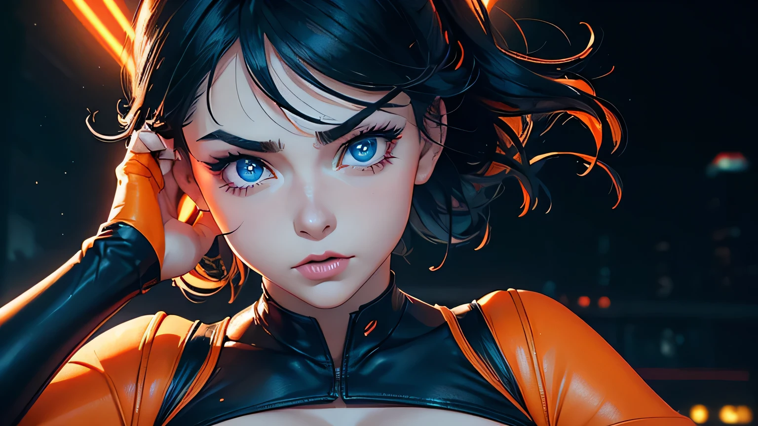 4K, A high resolution, Best quality at best, masterpiece, perfect colors, perfect shadow, perfect litthing, ((sportrait)), 1woman, fit body, heterochromia eyes,dark blue hair , blue eyes, With round lenses, The audience watched carefully, (s face: 1.2), Perfect female figure, ((dynamic pose)), ((neon orange Tight crop top, half breast open, neon orange leather suit)), ((shy and looking at viewert)), (Perfect thick white eyebrows) Delicate fur, 详细s face, s the perfect face, , (dynamic pose), cyberpunk abstract background, ((Bonifasko lighting)), (The round lenses on his eyes)(詳細な目), Perfect student, ((face close up))