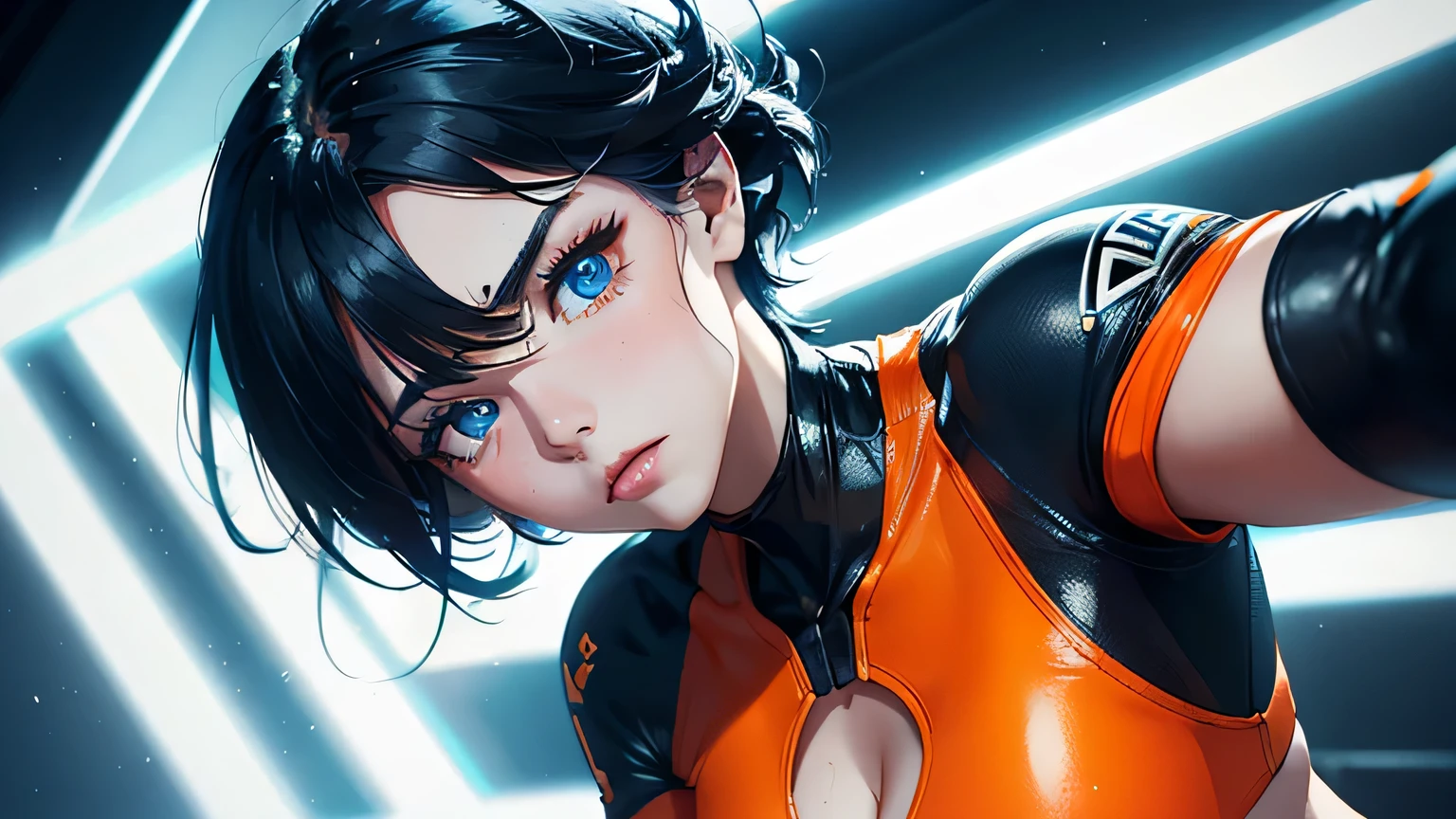 4K, A high resolution, Best quality at best, masterpiece, perfect colors, perfect shadow, perfect litthing, ((sportrait)), 1woman, fit body, heterochromia eyes,dark blue hair , blue eyes, With round lenses, The audience watched carefully, (s face: 1.2), Perfect female figure, ((dynamic pose)), ((neon orange Tight crop top, half breast open, neon orange leather suit)), ((shy and looking at viewert)), (Perfect thick white eyebrows) Delicate fur, 详细s face, s the perfect face, , (dynamic pose), cyberpunk abstract background, ((Bonifasko lighting)), (The round lenses on his eyes)(詳細な目), Perfect student, ((face close up))