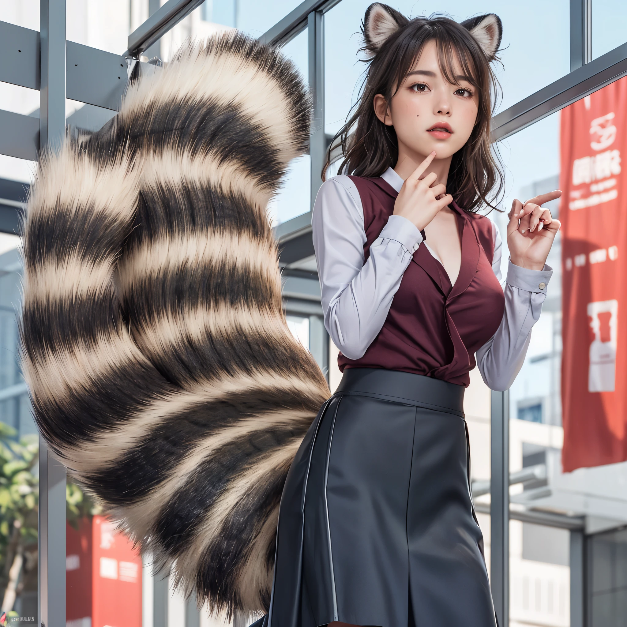 women with a tanuki tail, (software) safe for work, fur with tail, software version, coworkers, realistic style, , realistic style , beautiful girl, photograph, 最high quality, (Her skirt is flipped up and her tail is visible.:1.8) ,Reality, small breasts, slender, white panties,tail from above panties, Tail from inside the skirt, bushy tail, realistic tail, flat chest, (software) safe for work, nffsw, retina, muste piece, Accurate, anatomically correct, super detail, advanced details, high quality, 最high quality, High resolution, 1080p, 4k, 8K, The tail is sticking out from inside the skirt, long tail, be surprised to see the tail, eight-headed body, small face, blush, Red cheeks
