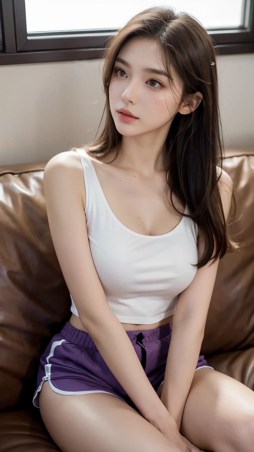 individual，young girl，23 years old, （（winter clothes）），fine hair, Detailed faces, full的身材，long hair，full, Nice fingers， Short hair details, sit down，purple, sweat shorts, Camisoles，Look up, There is a beauty mole， sofa