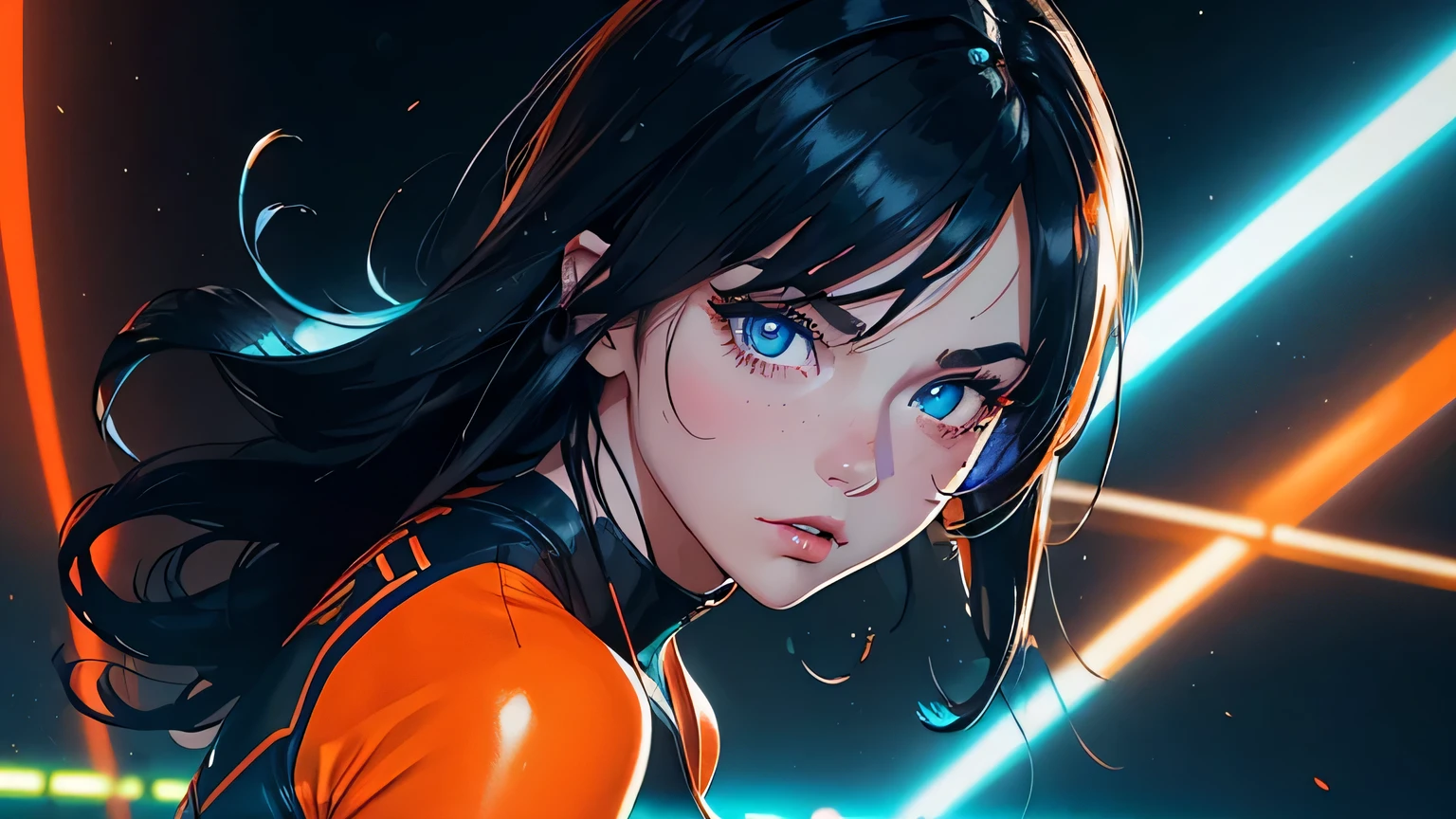 4K, A high resolution, Best quality at best, masterpiece, perfect colors, perfect shadow, perfect litthing, ((sportrait)), 1woman, fit body, ((heterochromia eyes)),dark blue hair , blue eyes, With round lenses, The audience watched carefully, (s face: 1.2), Perfect female figure, ((dynamic pose)), ((neon orange Tight crop top, half breast open, neon orange leather suit)), ((shy and looking at viewert)), (Perfect thick white eyebrows) Delicate fur, 详细s face, s the perfect face, , (dynamic pose), cyberpunk abstract background, ((Bonifasko lighting)), (The round lenses on his eyes)(詳細な目), Perfect student, ((face close up))