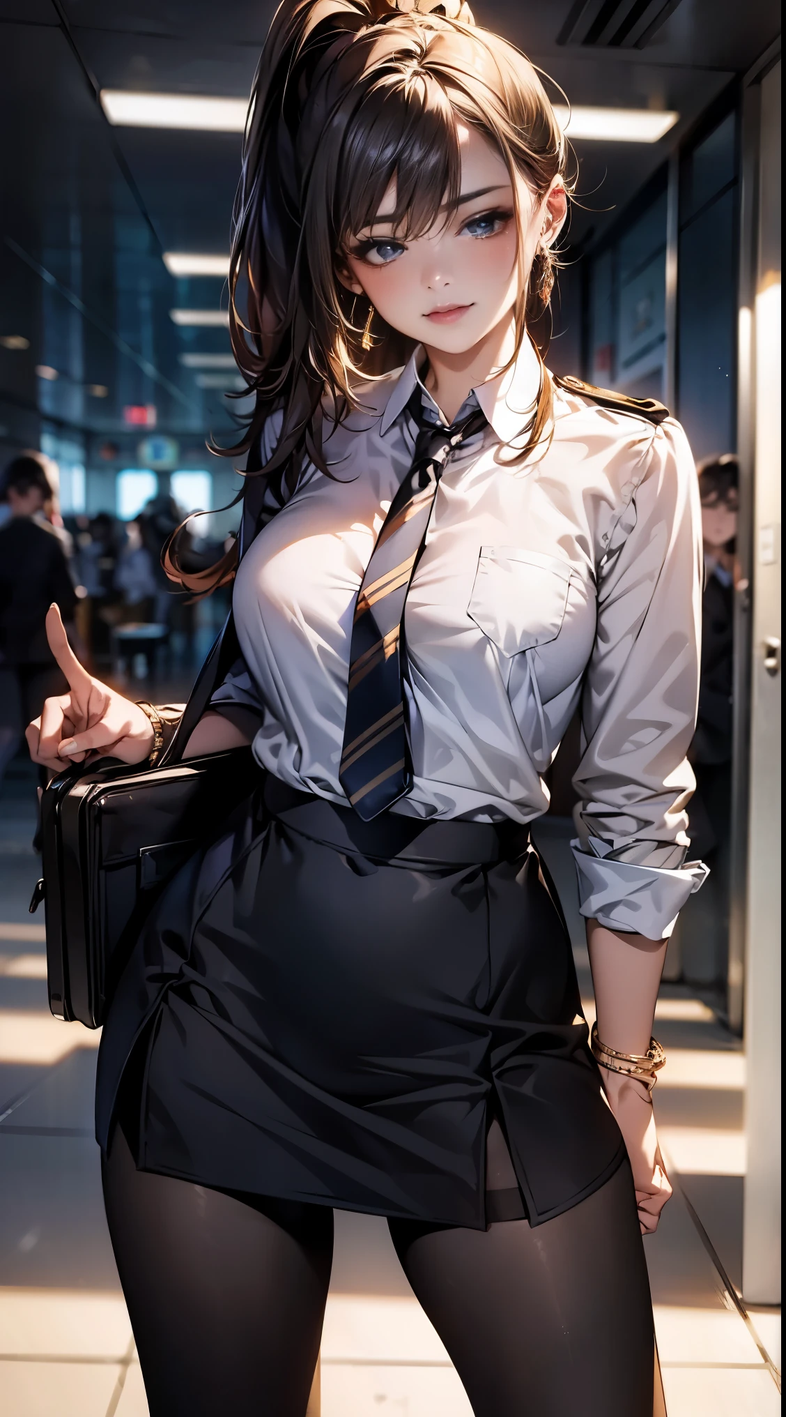 (masterpiece), highest quality, highest quality,  detailed and complex, original,High resolution,
(),very detailed_eye, sexy,chest,
(eyeliner:0.5),(blush:0.5), redhead,simple diamond earrings,fine skin,  ponytail, 
show viewer, light smile, finger nails, 
((Flight attendant black uniform)), (black pantyhose:1.1), black high heels, black short skirt school uniform, carry a suitcase, at the airport
(written boundary depth:1.1),:0.1,realistic:1.3,
(ambient light:1),(cinematic composition:1.3), (highest quality, High resolution, realistic, original, 8K,masterpiece, ),highest quality, masterpiece8K.HDR. high rib:1.2, film grain, Blurry bokeh:1.2, Lens flare, (bright colors:1.2), (delicate),