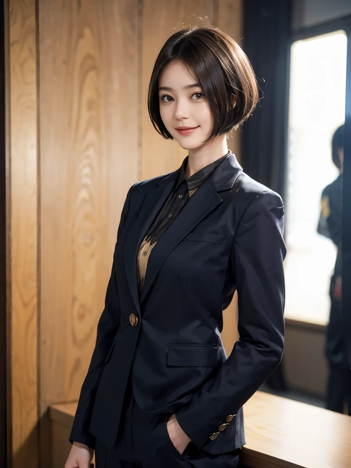 162
Shorthair,  (a 20 yo woman, standing), A hyper-realistic, gentle smile, sci-fi cool suit, (口紅)
