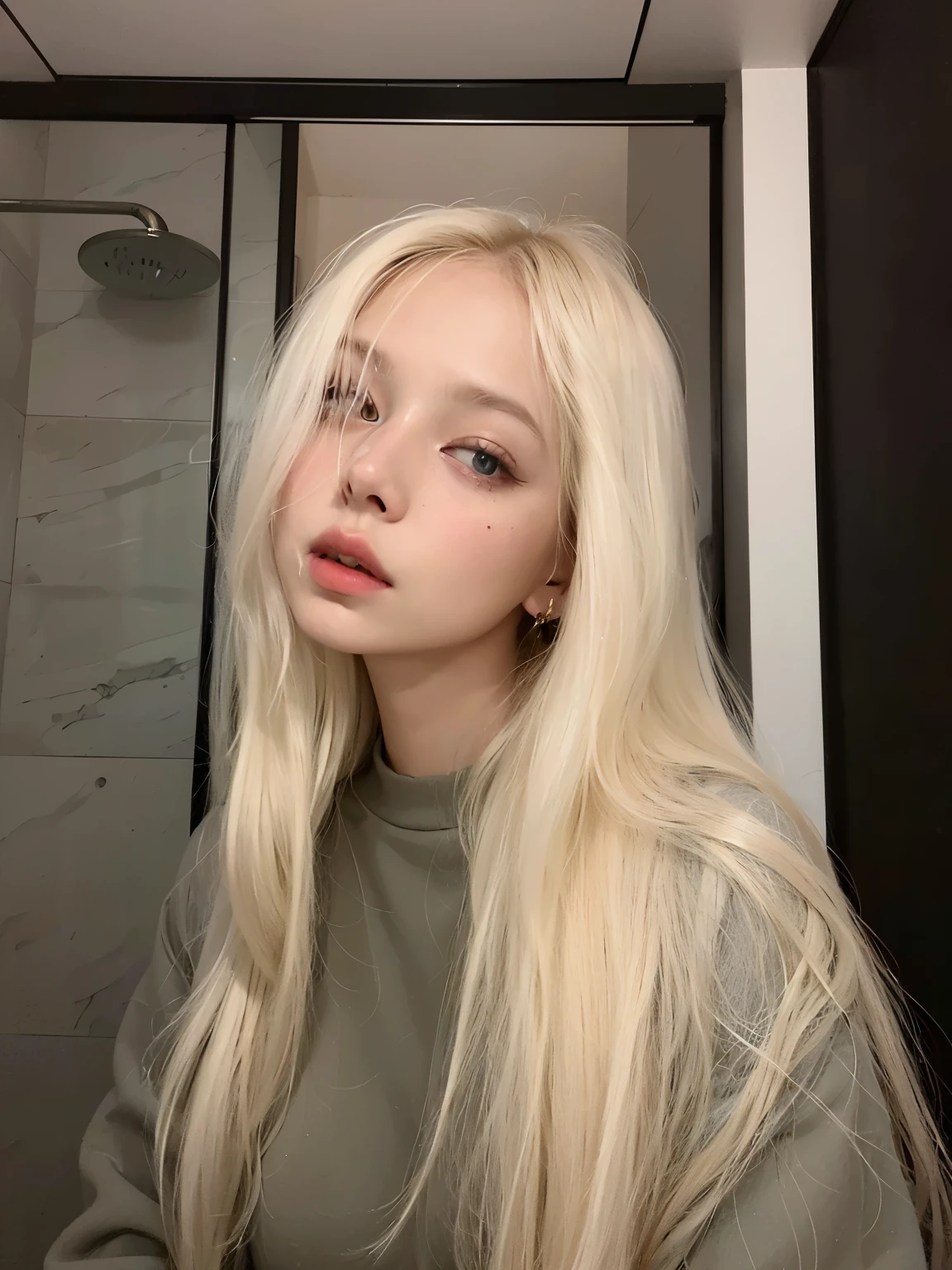 blonde woman with long hair in a bathroom looking at the mirror, very very pale blonde hair, su cabello es blanco, extremely pale blonde hair, anna nikonova aka new milkmaid, Yelena Belova, Pale fur, ava max, con el pelo largo y blanco, pale ivory skin, pale, shiny skin, albino pale white skin, pale and light skin!!, Lalisa Manobal
