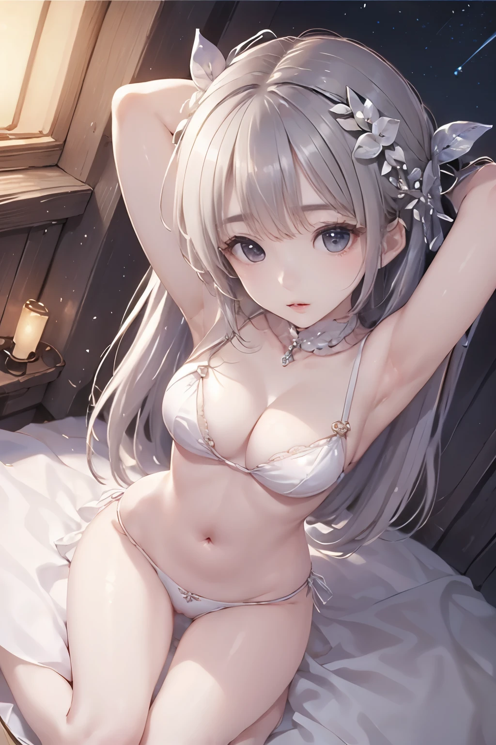 ((masterpiece、Super detailed、intricate details、high quality、clear、delicate、Accurate、An illustration))、goddess （（silver hair、18-year-old、150cm、40km、C cup、shyness、blush、thin、thin、Torn leotard、cleavage exposed、shining tiara、crucified in open letters、captivity））、full moon、moonlight、full body figure:1.4、Overall view、view from a distance、meteor、comets、looking straight ahead、Turtle shell binding