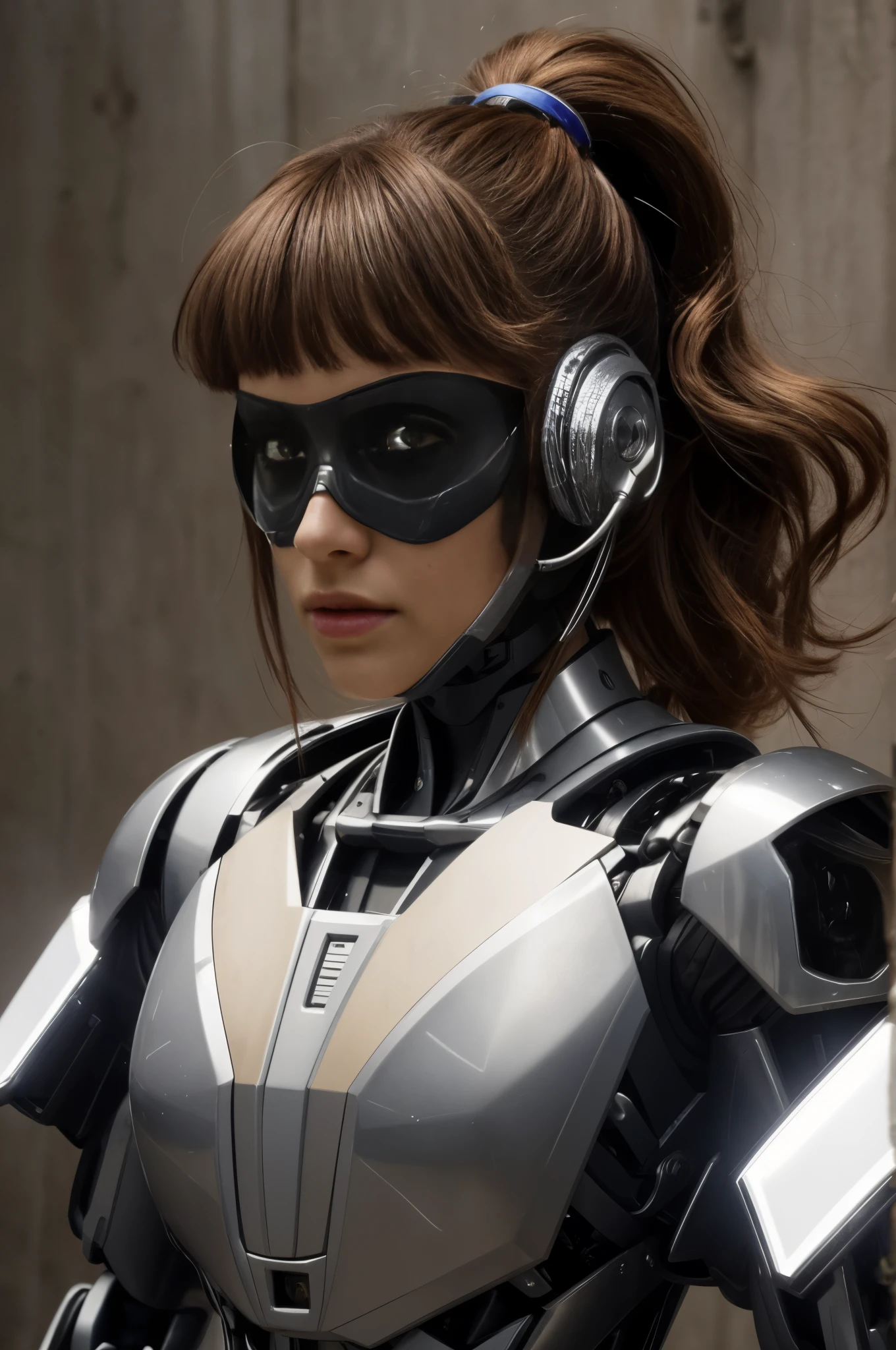 realistic open shot of ana de armas transformed into a cyborg, pinup robot woman,  she use silver lipstick, futuristic headset .  bright brown pupils , high pony tail hair, rogue hair style, jet black hair  with chopped bangs , light curled hair, she stands up at atention, awaiting commands with blank expression, plastic coated suit 