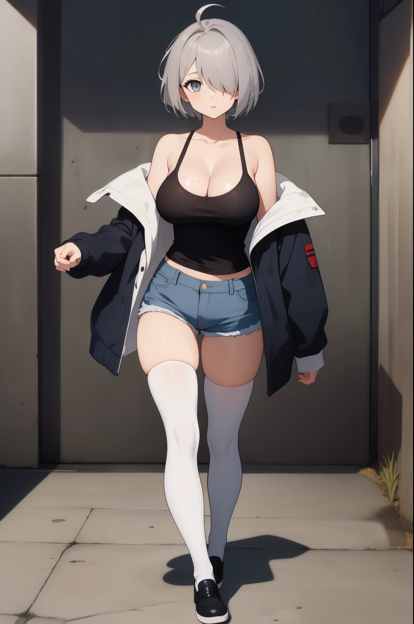 (masterpiece, best quality:1.2),illustration,8k,hd,1girl,solo, hair over one eye,short hair,ahoge,grey eyes,collarbone,grey hair,alternate hair length,bare shoulders,alternate hairstyle,denim shorts,large breasts,cleavage,jacket,shirt,open clothes,shoes,thighhighs, (cowboy shot)