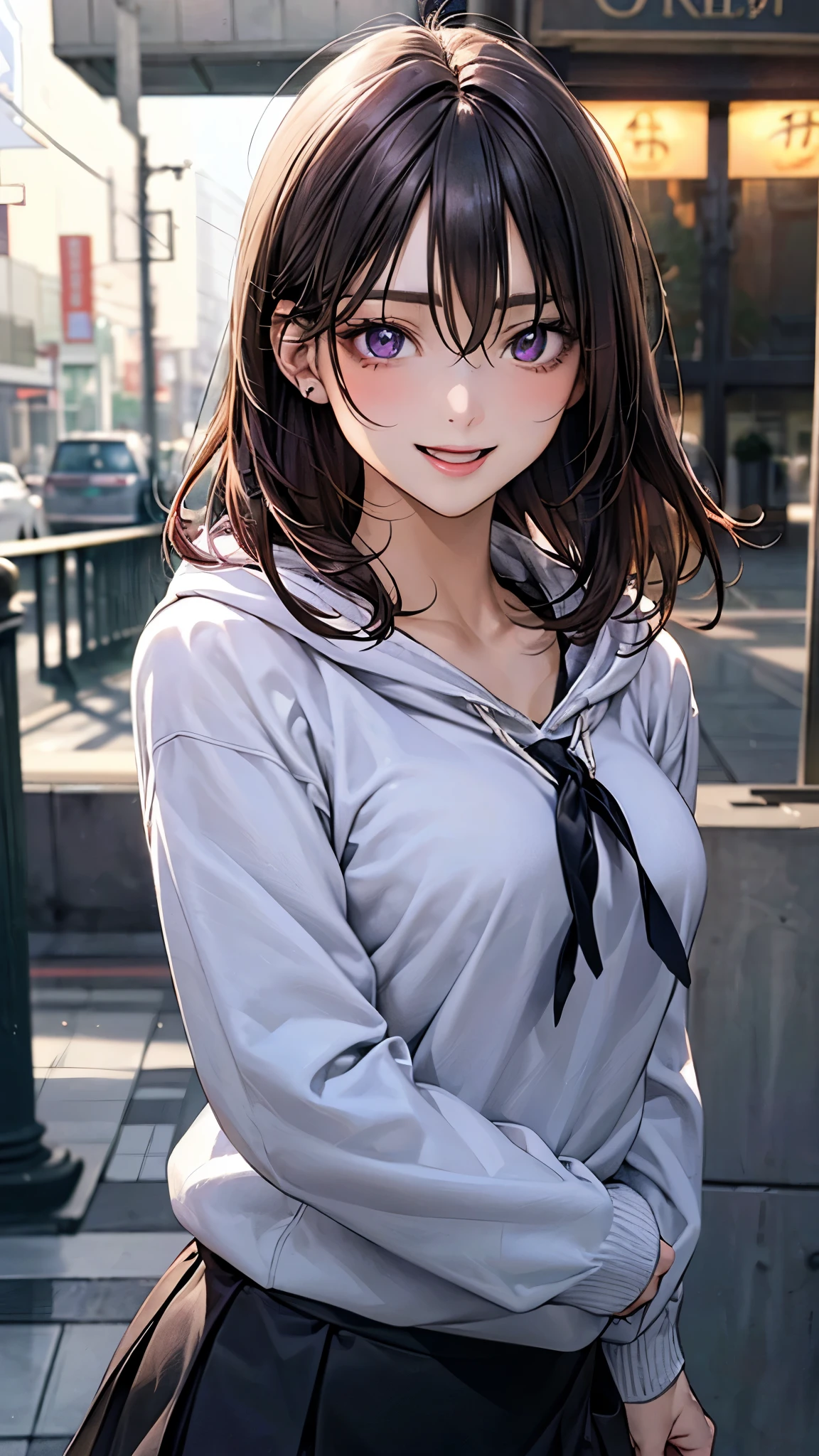 (masterpiece:1.2, top-quality), (realistic, photorealistic:1.4), beautiful illustration, (natural side lighting, movie lighting), nsfw, 
looking at viewer, face focus, upper body, 1 girl, japanese, high school girl, perfect face, cute and symmetrical face, shiny skin, 
(short hair:1.2, messy hair:1.2, gray brown hair), hair between eyes, maroon eyes, slant eyes, long eye lasher, (medium breasts), slender, 
beautiful hair, beautiful face, beautiful detailed eyes, beautiful clavicle, beautiful body, beautiful chest, beautiful thigh, beautiful legs, beautiful fingers, 
((detailed cloth texture, long sleeves white hoodie, purple cats pettern shirts, black mini skirt)), 
(beautiful scenery), winter, evening, (outdoors), walking, (lovely smile, open mouth), 