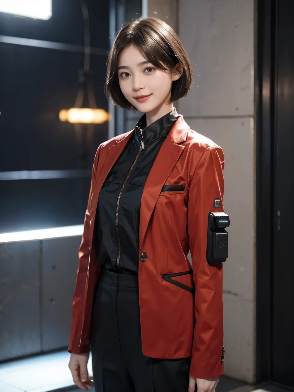 162
Shorthair,  (a 20 yo woman, standing), A hyper-realistic, gentle smile, sci-fi cool suit, (口紅)
