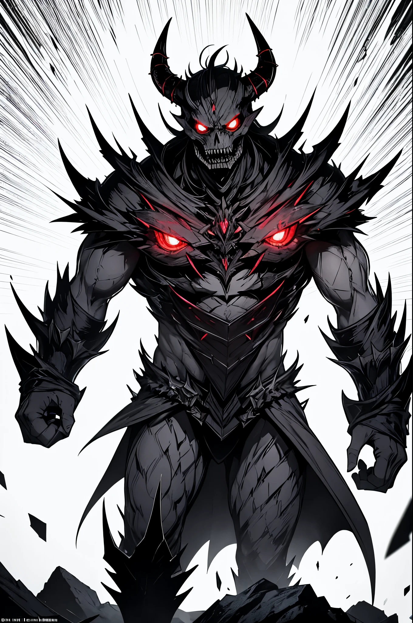 (full length:1.3), devil, capable of causing fear in others, has a terrifying appearance, which inspires fear at first sight. He has deep clefts instead of eyes, their glowing red pupils act as keen observers and frightening attractions. The devil's jaws are studded with sharp, black sparkling teeth, that sparkle with every smile. Horns on the head carry pride and power. They grow from the skull and curl along the head. Tall and slender devil.