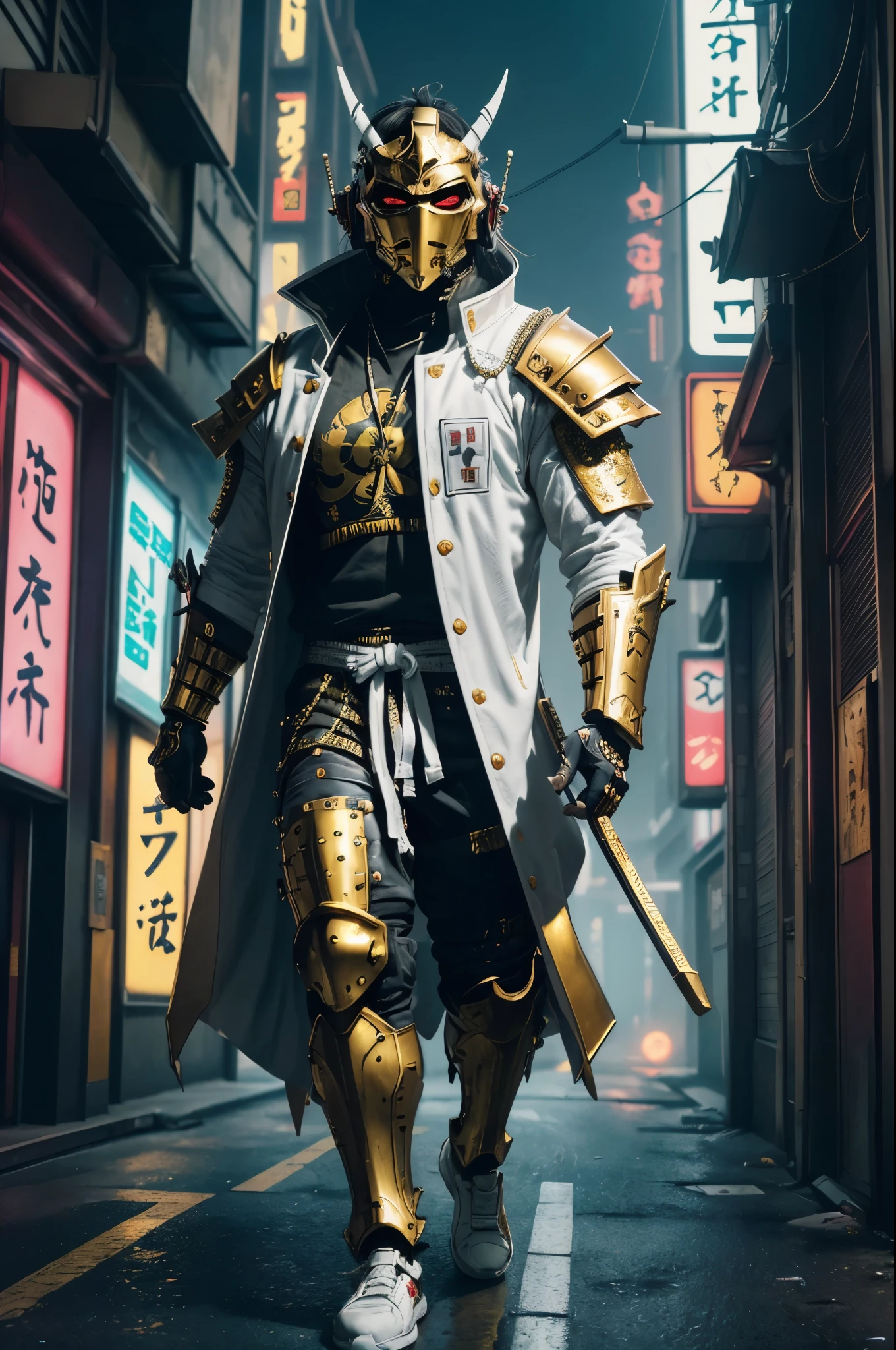 (urban samurai Wearing a Demon Mask:1.35),full body, (Armed with a long and large Japanese sword),facing front,(gold and white cyberpunk military cloth armor:1.5),(cyberpunk Tokyo city background)
(best quality,4k,8k,highres,masterpiece:1.2),ultra-detailed,(realistic,photorealistic,photo-realistic:1.37),HDR,UHD,studio lighting,ultra-fine painting,sharp focus,physically-based rendering,extreme detail description,professional,vivid colors,bokeh,
portraits,landscape,horror,anime,sci-fi,photography,concept artists,
(vibrant colors and contrast), (dramatic lighting:1.1),(neon lights and glowing signs),(mysterious and captivating atmosphere)