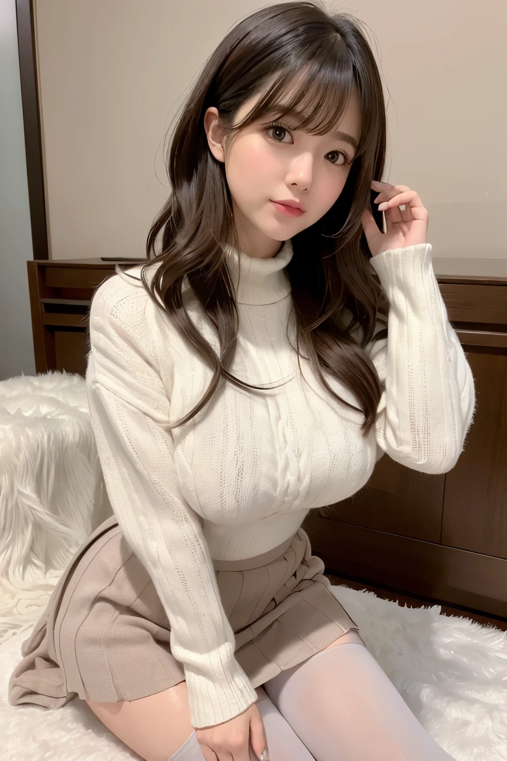 best quality, 32k, RAW photo, incredibly absurdres, extremely detailed, delicate texture, cute woman, (fluffy, flowing layered, side curling blow, bangs, glossy medium hair), wearing fluffy long-pile knit sweater, fluffy skirt, skirt lift, pantyhose, fluffy long boots, amorous and lewd expression, superlative body proportion, background iridescent pastel color