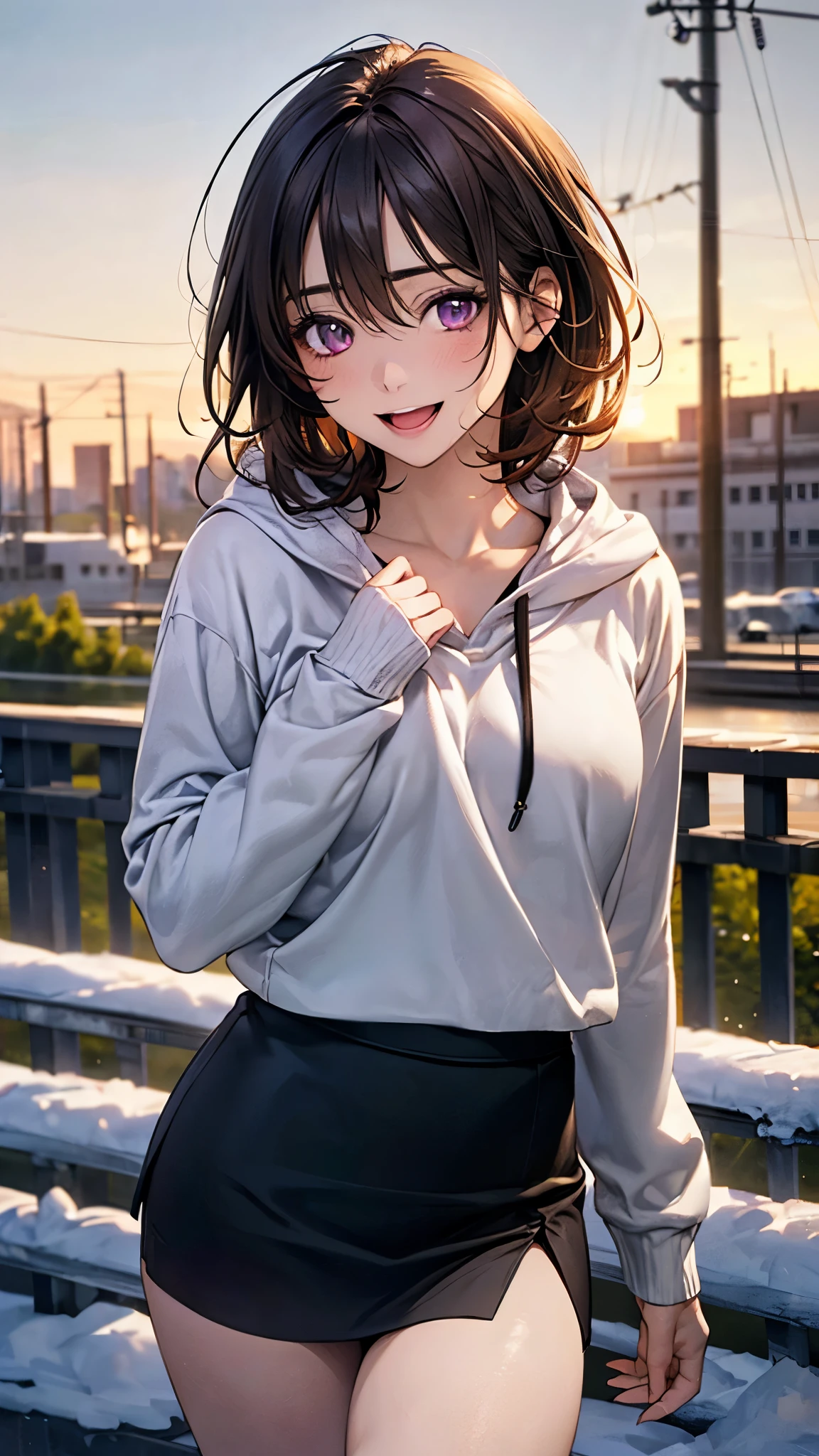 (masterpiece:1.2, top-quality), (realistic, photorealistic:1.4), beautiful illustration, (natural side lighting, movie lighting), nsfw,
looking at viewer, face focus, upper body, 1 girl, japanese, high school girl, perfect face, cute and symmetrical face, shiny skin,
(short hair:1.2, messy hair:1.2, gray brown hair), hair between eyes, maroon eyes, slant eyes, long eye lasher, (medium breasts), slender,
beautiful hair, beautiful face, beautiful detailed eyes, beautiful clavicle, beautiful body, beautiful chest, beautiful thigh, beautiful legs, beautiful fingers,
((detailed cloth texture, long sleeves white hoodie, purple cats pettern shirts, black mini skirt)),
(beautiful scenery), winter, evening, (outdoors), walking, (lovely smile, open mouth),