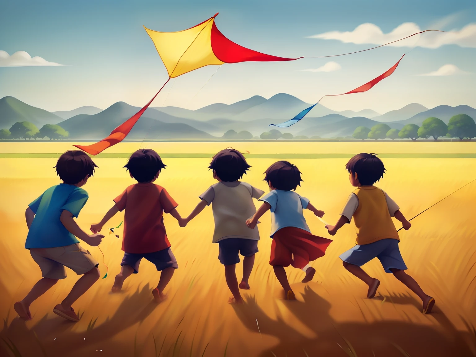 there are four boys and a girl running in the rice fields with a kite, kites, childrens art in artstation, by Goro Fujita, official fanart, children illustration, mobile wallpaper, childhood memory, official fan art, childrenbook illustration, kids playing, by Gang Se-hwang, by Yang J, kids book illustration, a beautiful artwork illustration, on a sunny day, background artwork