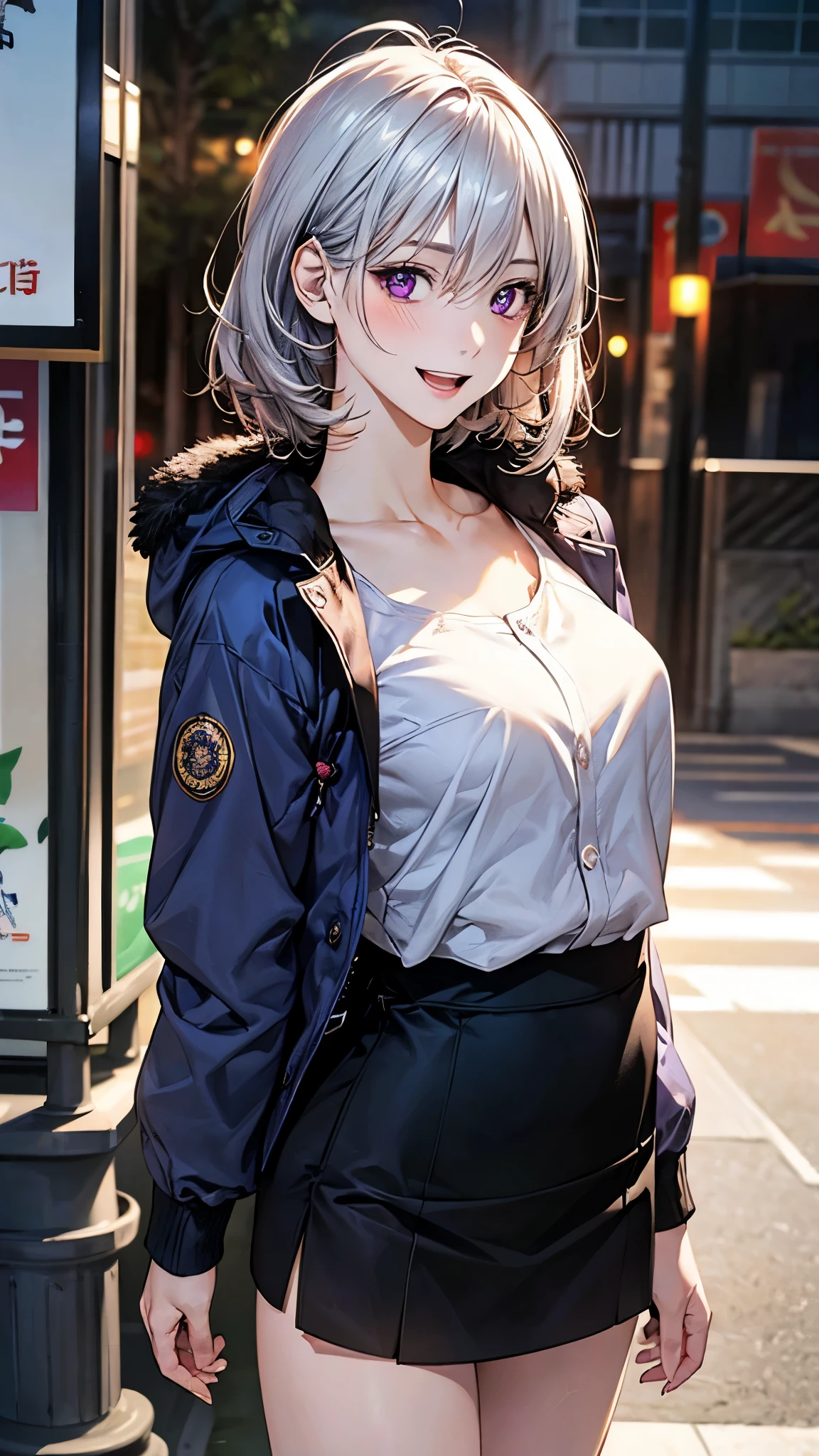 (masterpiece:1.2, top-quality), (realistic, photorealistic:1.4), beautiful illustration, (natural side lighting, movie lighting), nsfw, 
looking at viewer, face focus, upper body, 1 girl, japanese, high school girl, perfect face, cute and symmetrical face, shiny skin, 
(short hair:1.2, messy hair:1.2, silver hair), hair between eyes, maroon eyes, slant eyes, long eye lasher, (medium breasts), slender, 
beautiful hair, beautiful face, beautiful detailed eyes, beautiful clavicle, beautiful body, beautiful chest, beautiful thigh, beautiful legs, beautiful fingers, 
((detailed cloth texture, long sleeves white parka, purple cats pettern shirts, black mini skirt)), 
(beautiful scenery), winter, evening, (outdoors), walking, (lovely smile, open mouth), 