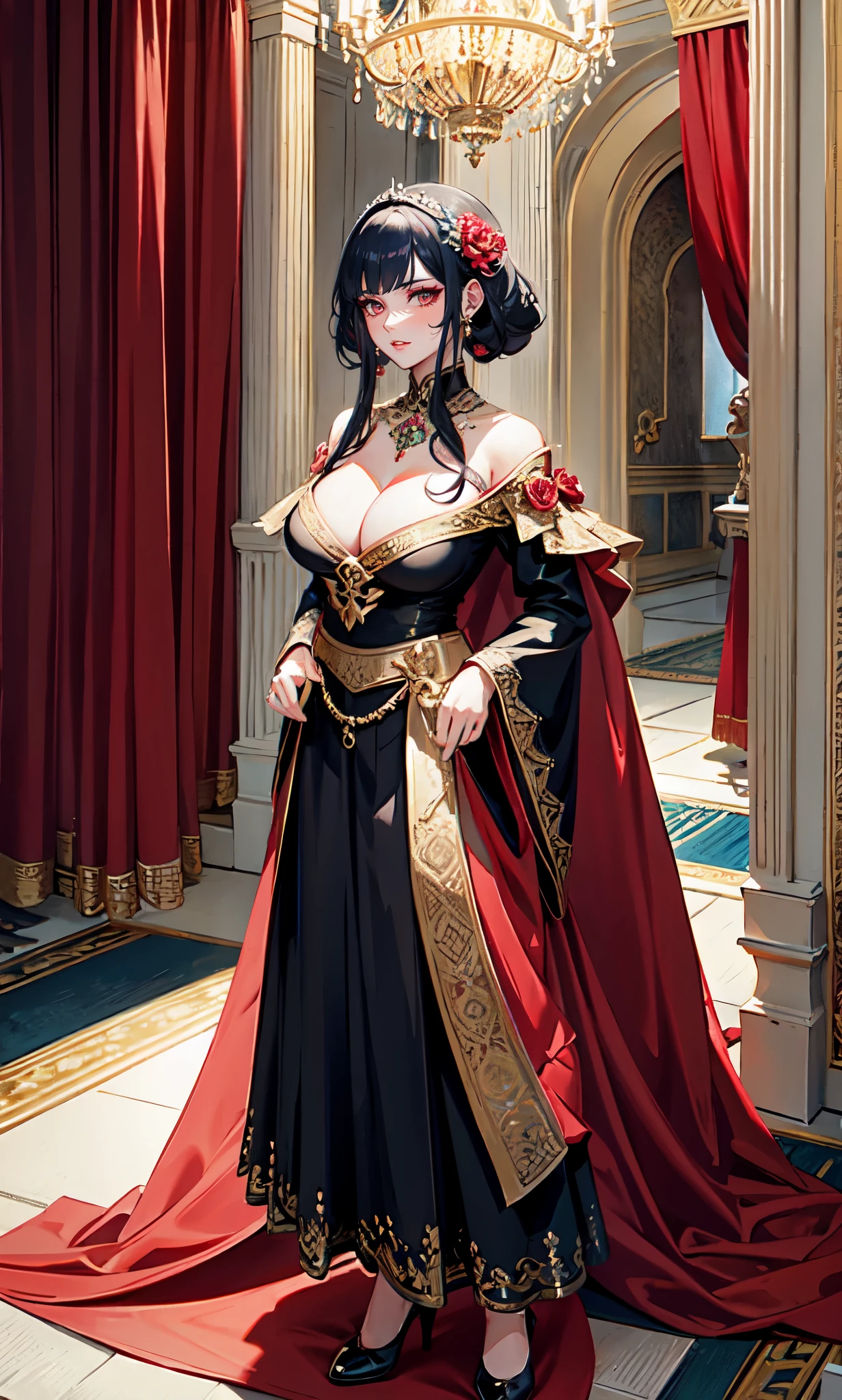 Court background,Red curtain,(Dark blue color curly short hair：2.0),british palace bun,Standing close-up,dream world,Royal sister,(Elongated danphoenix eyes,eye shadow,long eyelashes),Elongated danphoenix eyes,eye shadow,Contact lenses,Jade necklace,(Off the shouldersBaroque skirt,Off the shoulders,Widen hem,Shredded flower cloth：2.0),(big breast)ballroom background,(soft light and shadow：1.9),Intricate body jewelry,High heeled dancing shoes,Detailedly drawn backgrounds