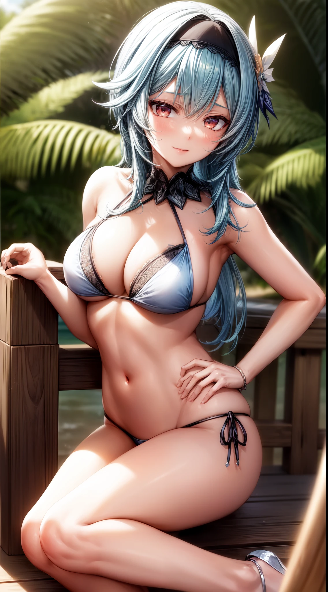 anime, beautiful face, highly detailed face, (2 accurate legs:1), brown detailed eyes, highly detailed beach background, perfect lighting, best lighting, (no shadows:1.2), 1girl, solo, outdoors, genshin impact, eula, hair ornament, (beautiful light blue hair hair:1.2), absurdres, high res, ultrasharp, 8K, masterpiece, looking at viewer, teasing smile, facial expressions full of love, BREAK (detailed sexy beach bikini:1.5), (all intricate lace:1.2), (elegant pose:1.2)