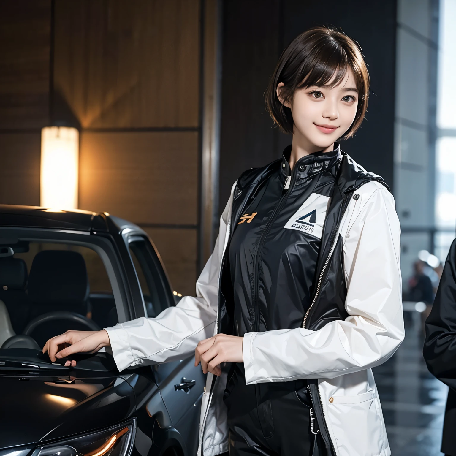 162
Shorthair, (a 20 yo woman, standing), A hyper-realistic, gentle smile, sci-fi cool suit, (口紅)