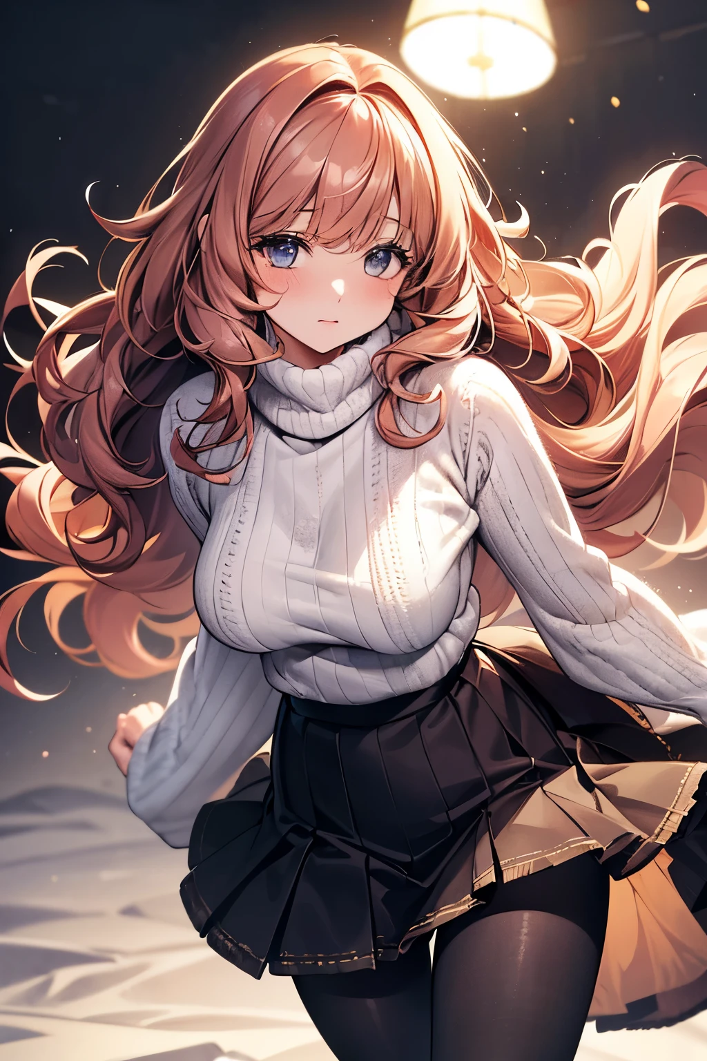 best quality, 32k, RAW photo, incredibly absurdres, extremely detailed, delicate texture, cute woman, (fluffy, flowing layered, side curling blow, bangs, glossy medium hair), wearing fluffy long-pile knit sweater, fluffy skirt, skirt lift, pantyhose, fluffy long boots, amorous and lewd expression, superlative body proportion, background iridescent pastel color