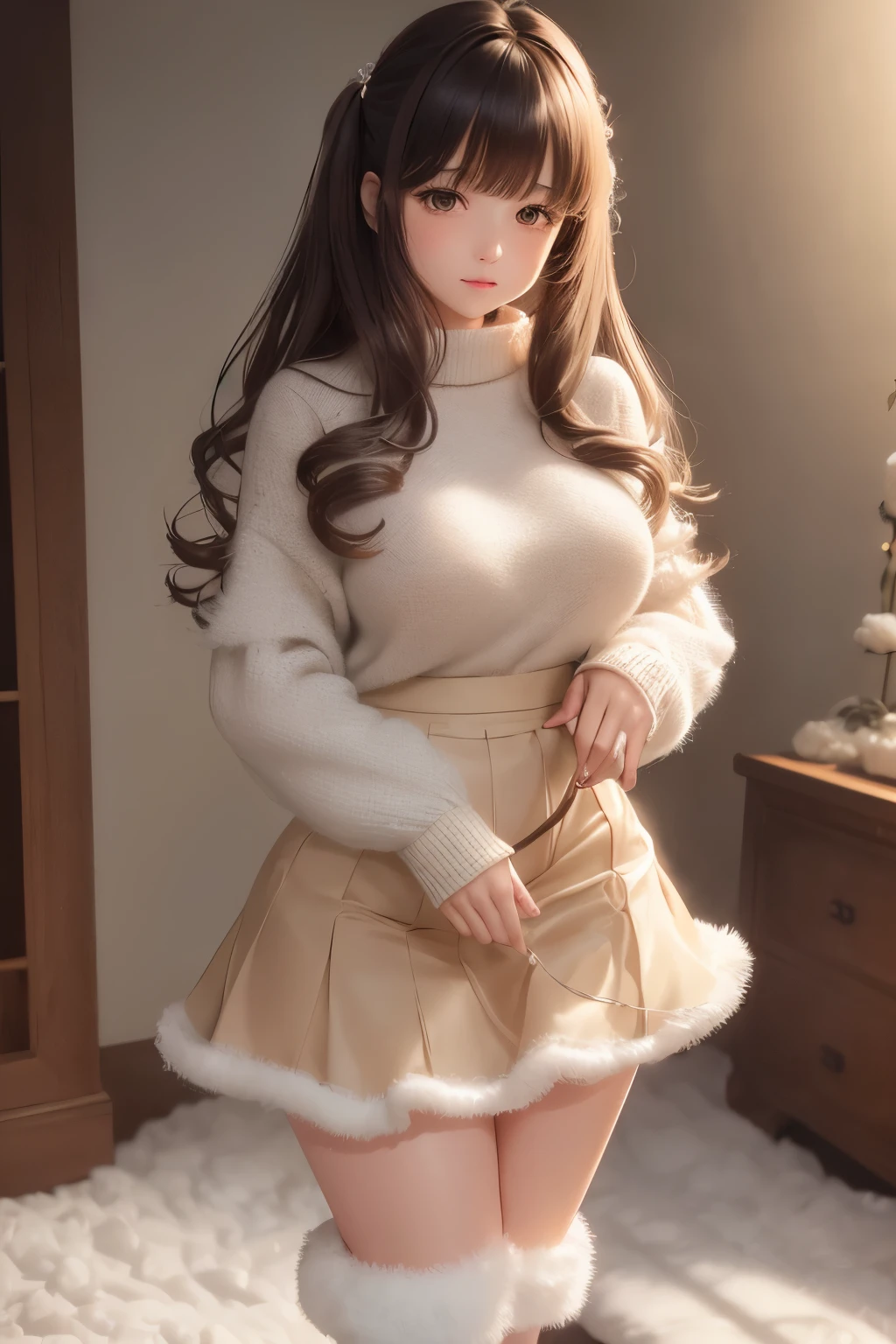 best quality, 32k, RAW photo, incredibly absurdres, extremely detailed, delicate texture, cute woman, (fluffy, flowing layered, side curling blow, bangs, glossy medium hair), wearing fluffy long-pile knit sweater, fluffy skirt, skirt lift, pantyhose, fluffy long boots, amorous and lewd expression, superlative body proportion, background iridescent pastel color