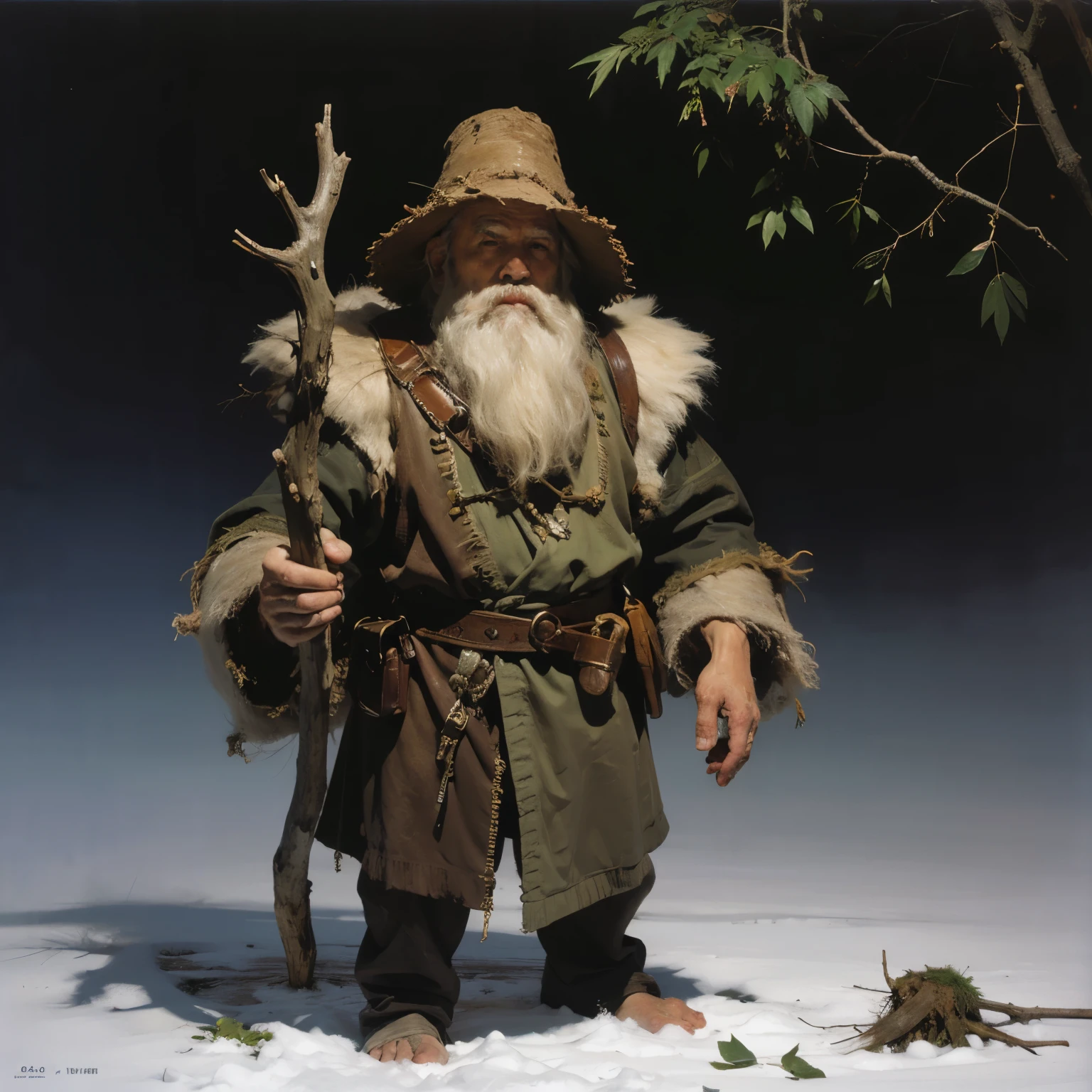 8k, photo of the most beautiful artwork, Forground: a dwarf male with a beard standing barefoot in luch grass holding a Druid Staff made of wood, he is wearing a green coat with a belt at the waist, pouches, wizard hat. Background: A winter forest environment,tree trunks and roots covered by snow, giant trees. Render the scene: Vibrant colors, sharp focus, (highly detailed:1.4), oil painting, ambient Light.