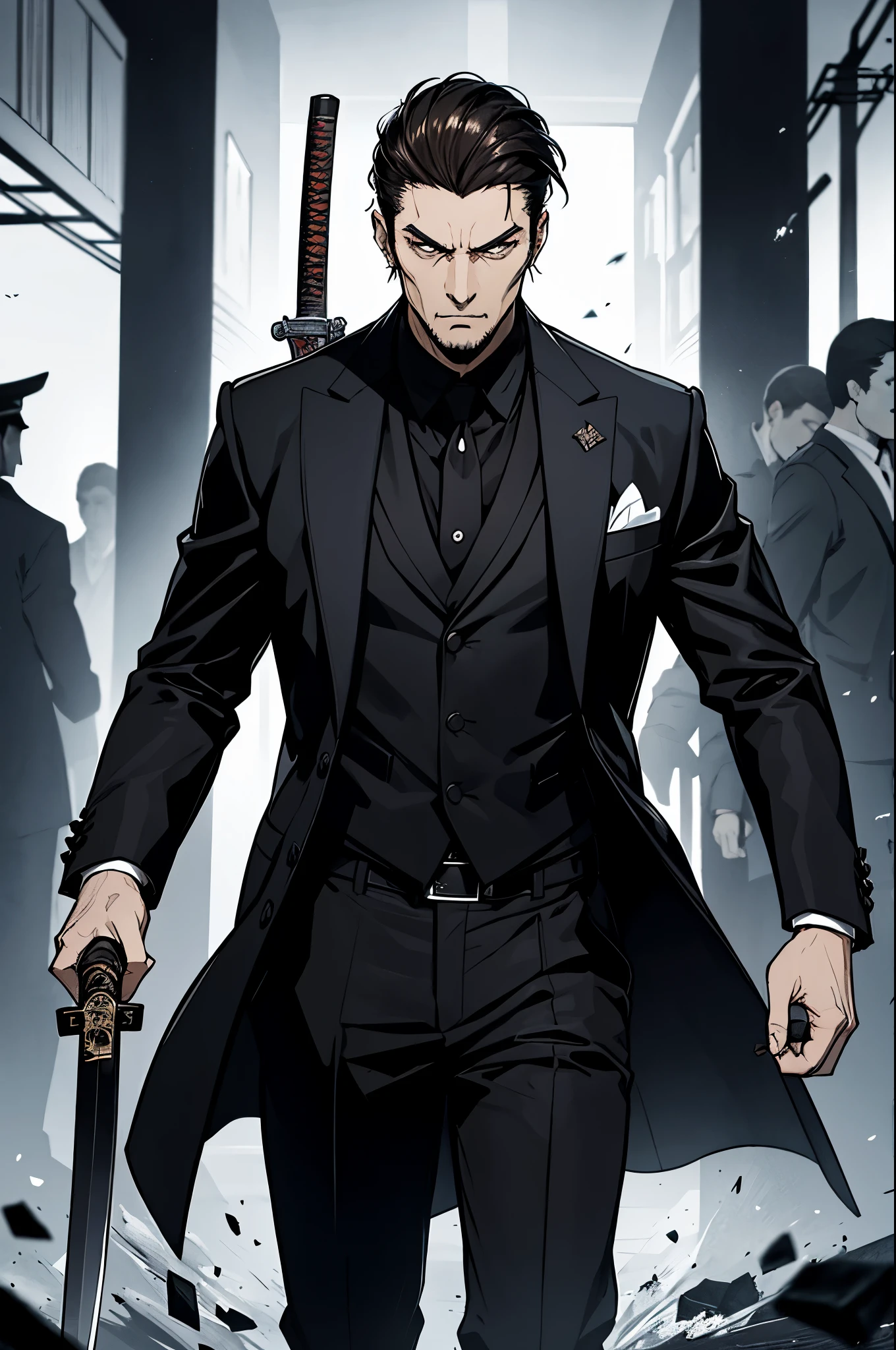 tall brunette man with short hair, whose appearance always causes horror and awe. He usually wears black trousers and a black coat., which emphasize his courageous appearance and strict style. In his hand there is always a katana - a Japanese weapon with a sparkling blade.. This mafia boss is an unyielding leader.. Expressive eyes of the head of the mafioso, full of cruelty and determination, force his subordinates to immediately carry out his orders.
