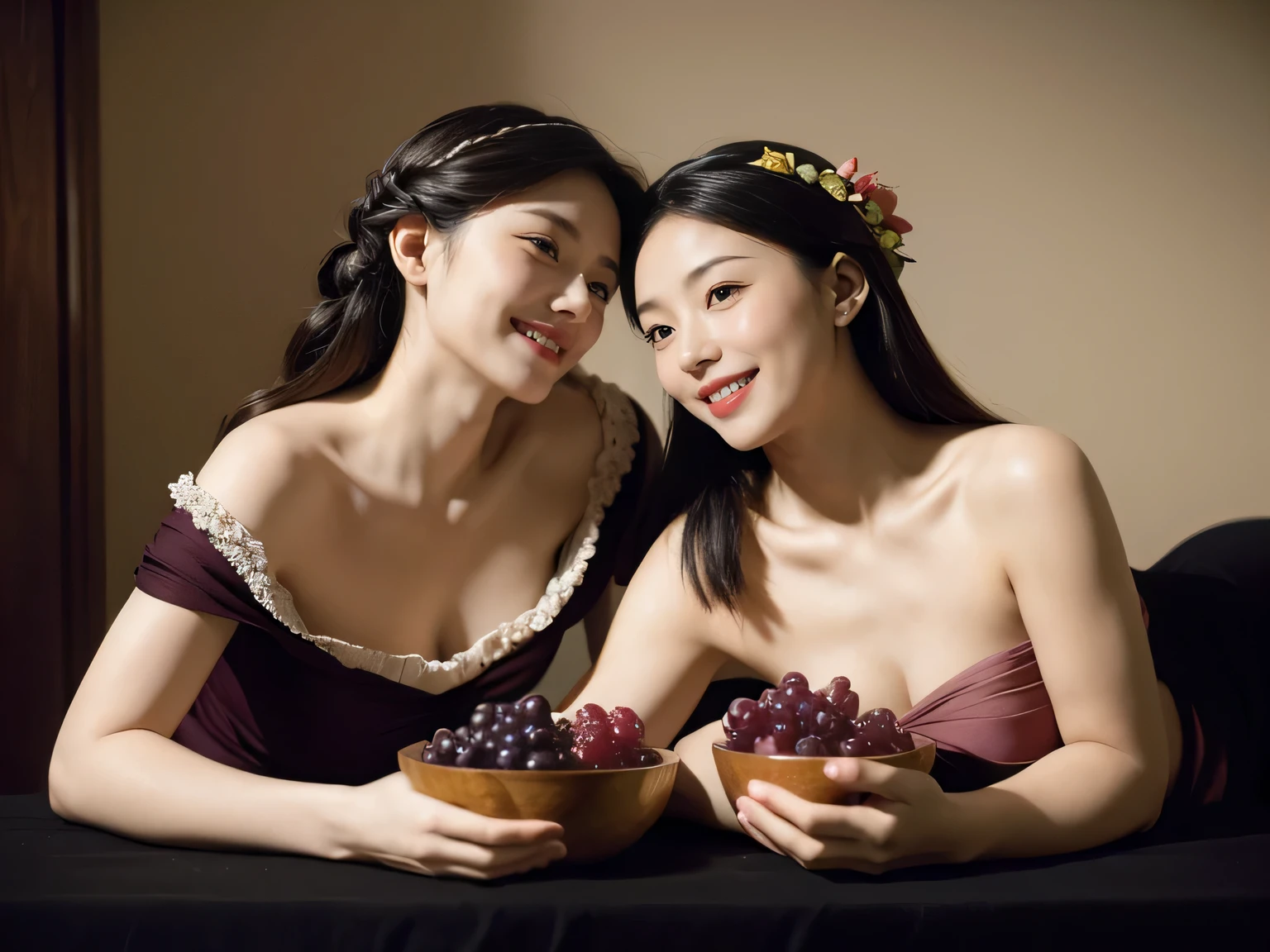 fruits,Grapes,Rosa,antique,A smile,,Sweet and seductive appearance.、Caravaggio's paintings、Chiaroscuro of Caravaggio,Two women frolicking,Cute smile, Expression of ecstasy