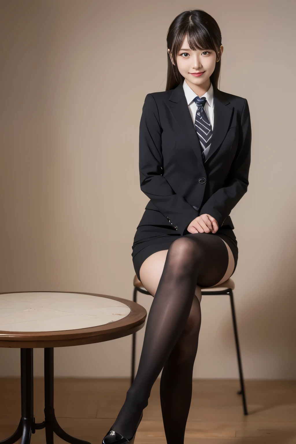 table top, highest quality, figure, super detailed, finely, High resolution, 8k wallpaper, 完璧なダイナミックな構figure, beautiful and fine eyes, business suit,natural color lip, smile、18 year old girl,Wearing black tights and stockings、plump thighs、shortcut