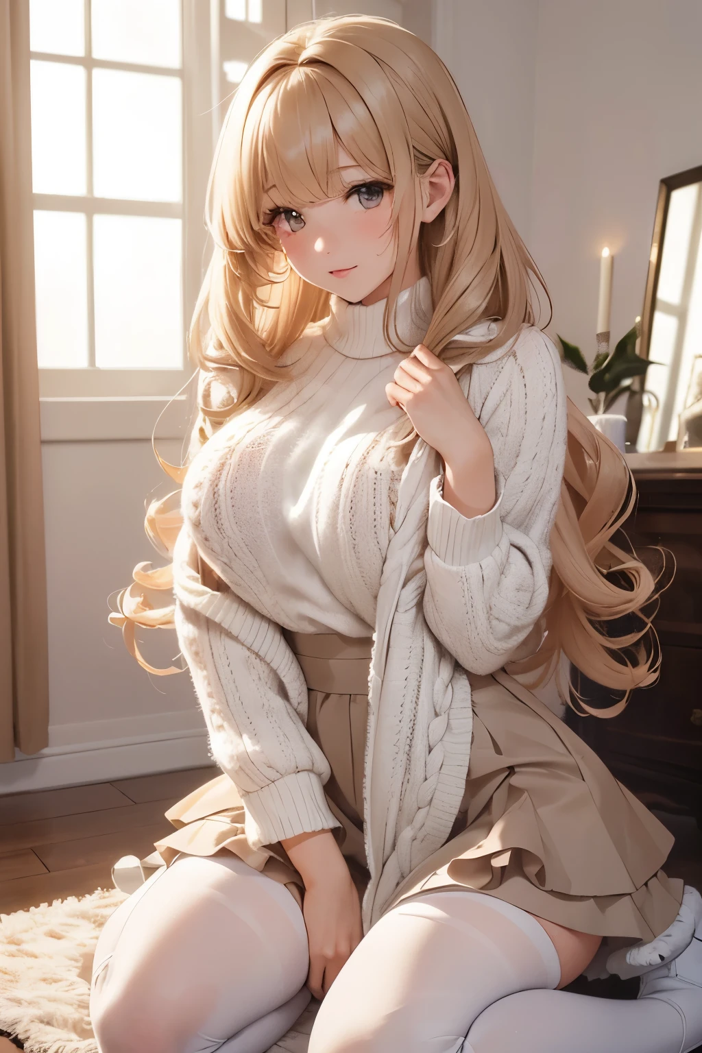 best quality, 32k, RAW photo, incredibly absurdres, extremely detailed, delicate texture, cute woman, (fluffy, flowing layered, side curling blow, bangs, glossy medium hair), wearing fluffy long-pile knit sweater, fluffy skirt, skirt lift, pantyhose, fluffy long boots, amorous and lewd expression, superlative body proportion, background iridescent pastel color