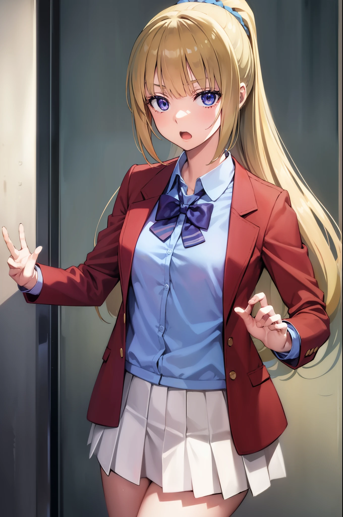 keikaruizawa, kei karuizawa, long hair, bangs, blunt bangs, (purple eyes:1.1), blonde hair, shirt, hair ornament, ponytail, scrunchie, blue scrunchie, (small breast:1.2), open mouth,
BREAK skirt, shirt, bow, school uniform, jacket, (red jacket:1.2), pleated skirt, bowtie, sweater, (blue bow:1.2), (blue shirt:1.2),
BREAK indoors, classroom,
BREAK looking at viewer, (cowboy shot:1.5),
BREAK (masterpiece:1.2), best quality, high resolution, unity 8k wallpaper, (illustration:0.8), (beautiful detailed eyes:1.6), extremely detailed face, perfect lighting, extremely detailed CG, (perfect hands, perfect anatomy),